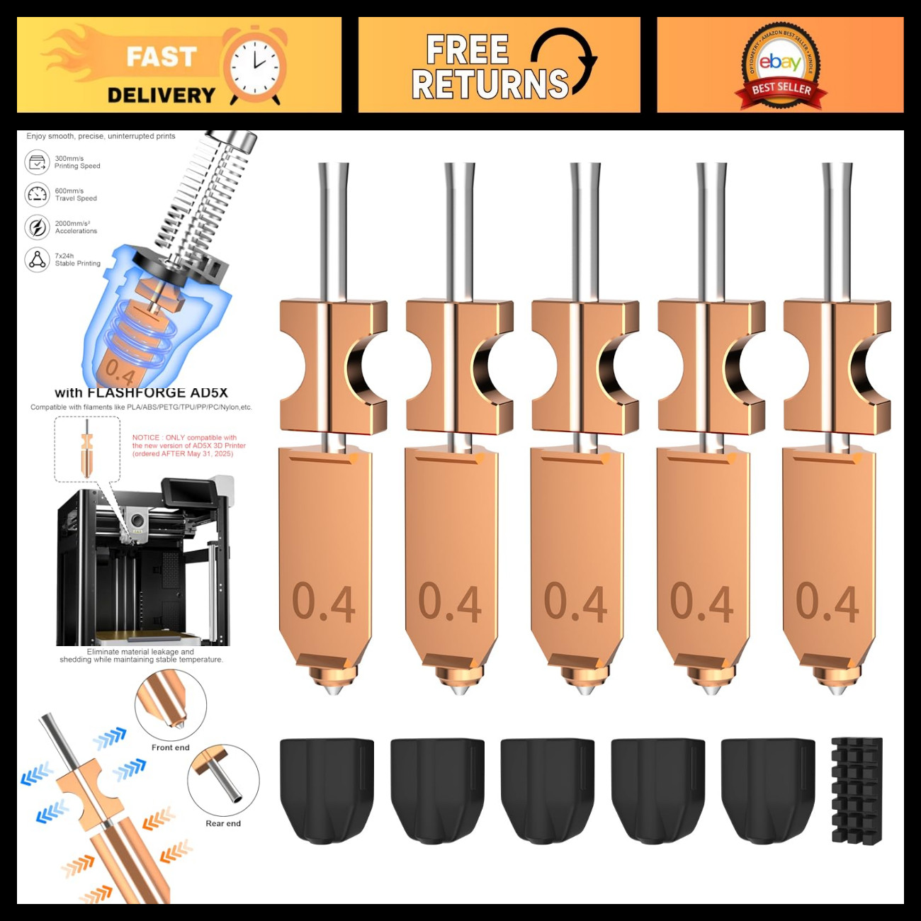 Upgraded 0.4mm All Metal Hotend Nozzle Kit for Flashforge AD5X - 5 Pack, 550°C