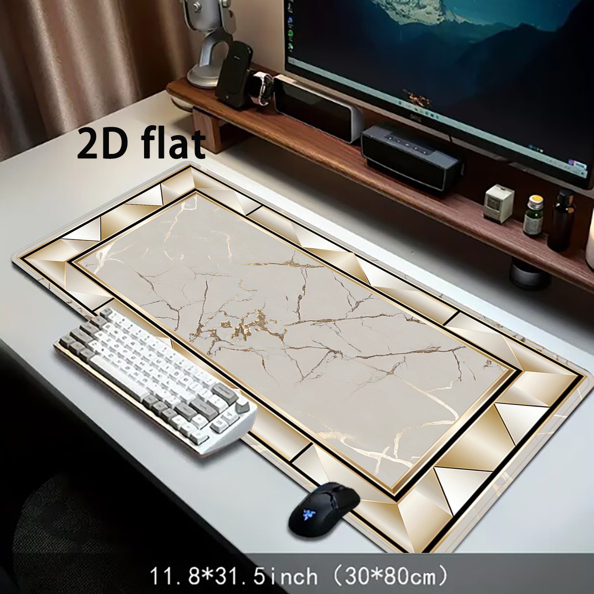 2D Flat Printing 1pc Marble Gold-Rimmed Geometric Mouse Pad And Desk Mat, Suit