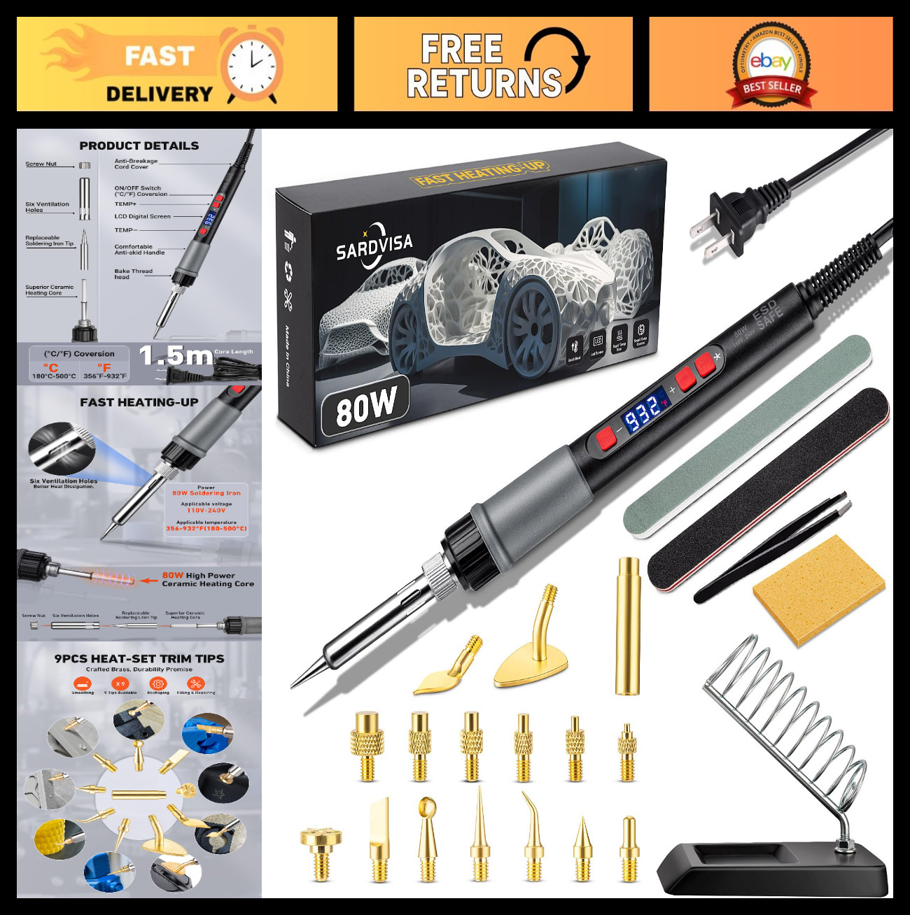 22-in-1 3D Printer Tool Kit | 80W LCD Soldering Iron, Brass Tips & Cleaning Tool