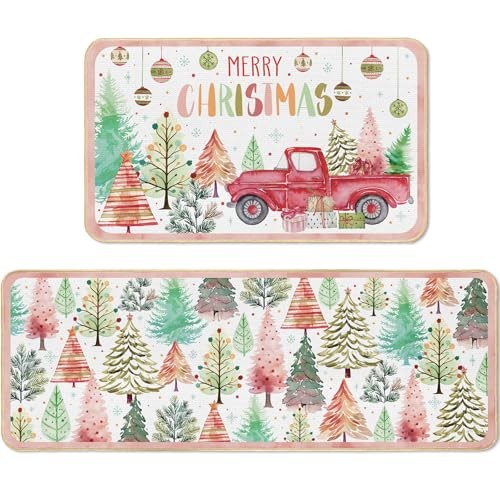 Merry Christmas Kitchen Rugs and Mats Set of 2 Boho Forest Boho Style Colorful