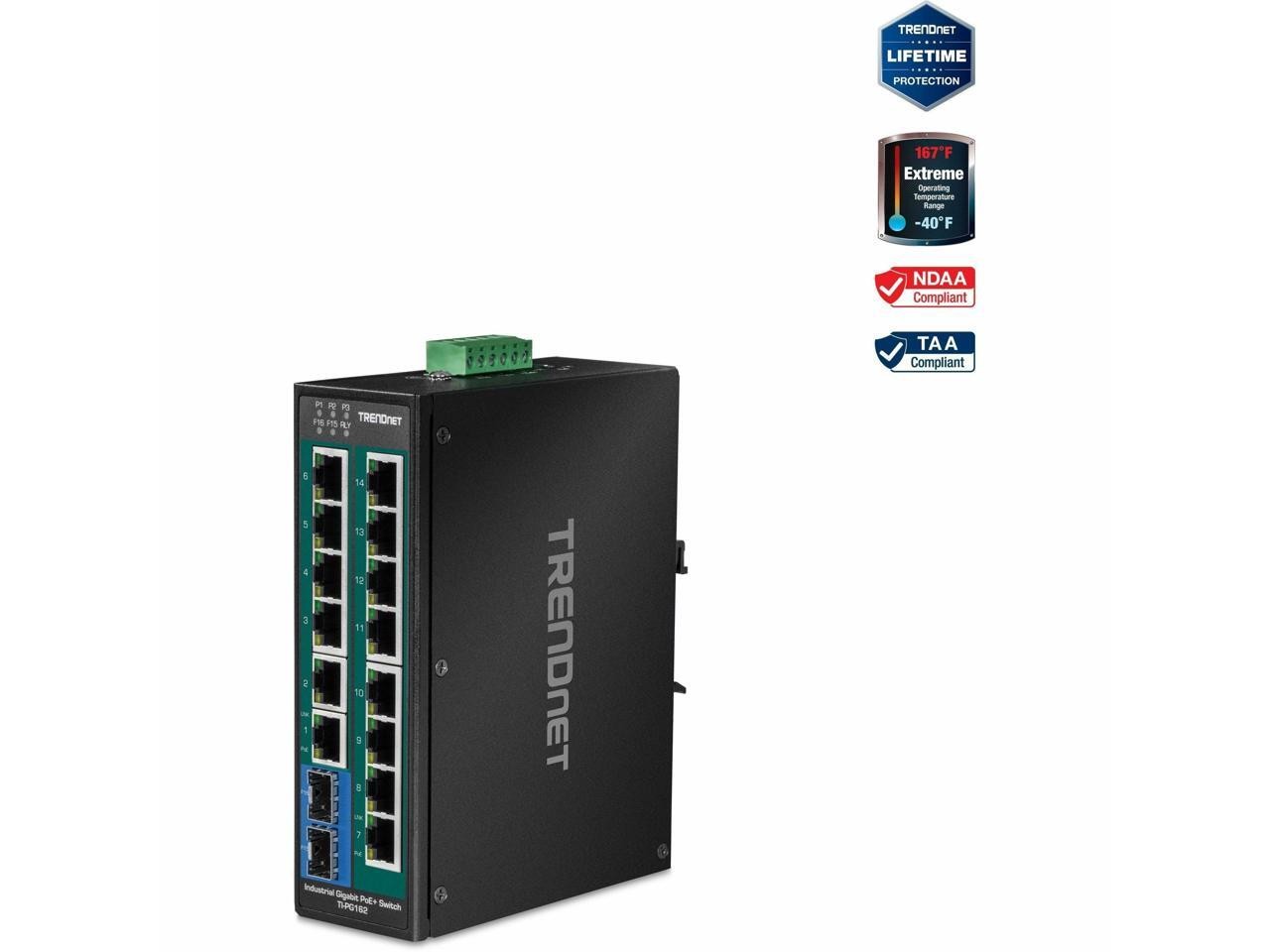 TRENDnet 16-Port Hardened Industrial Unmanaged Gigabit PoE+ DIN-Rail Switch, TI-