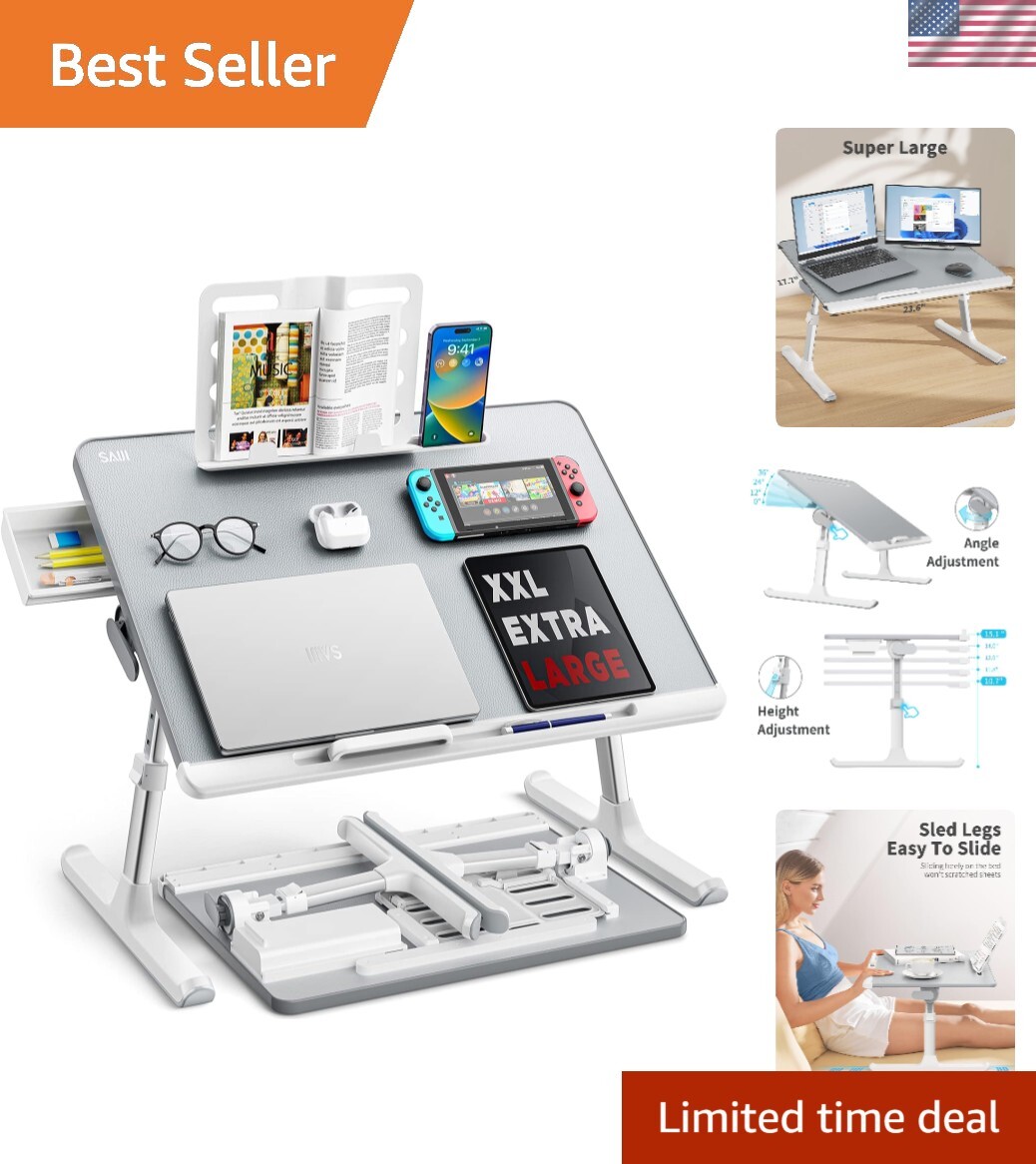 Versatile Foldable Laptop Stand for Bed - Adjustable Angles, Storage Drawer