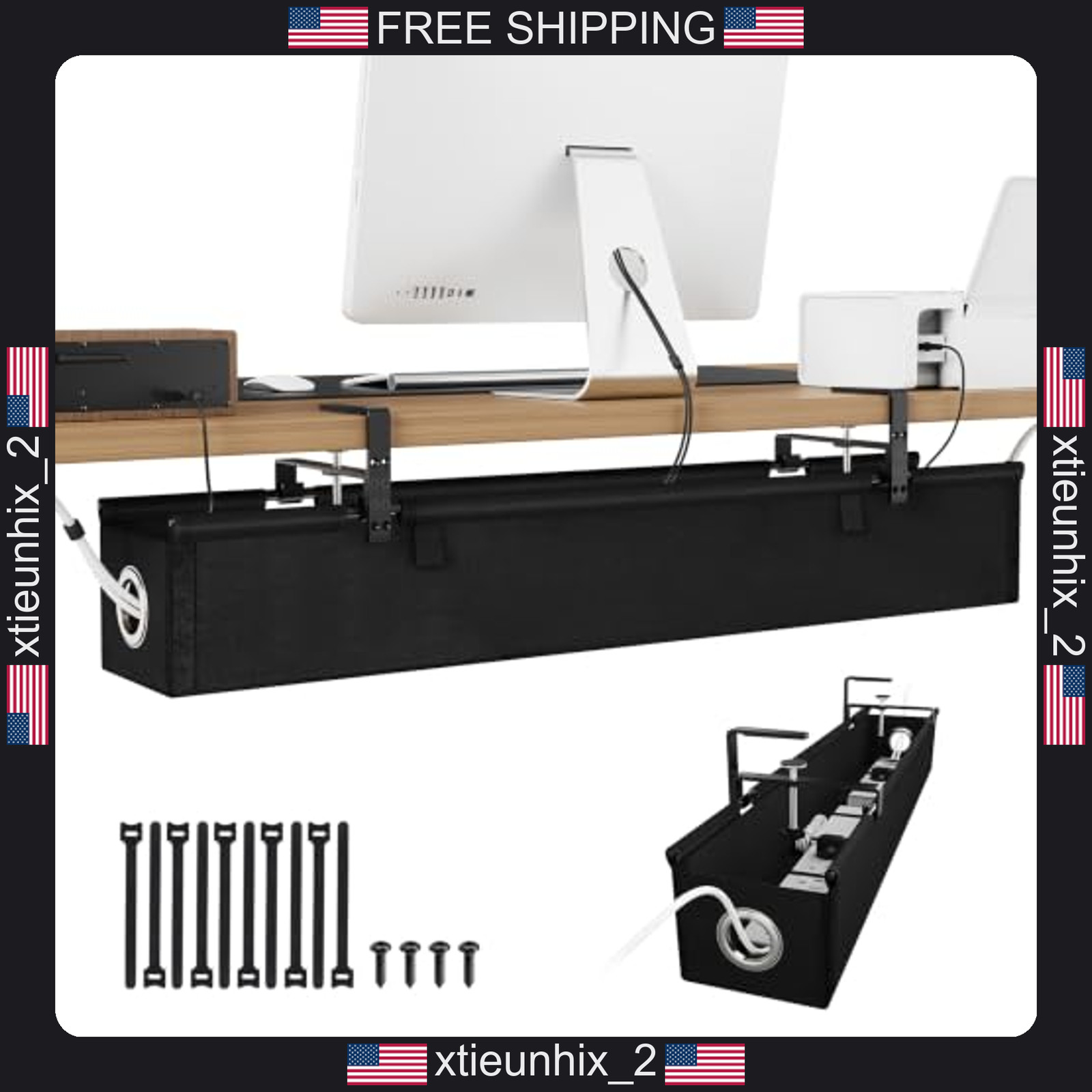 Under Desk Cable Management Tray 36 inch Black Fabric Clamp & Screw Mount
