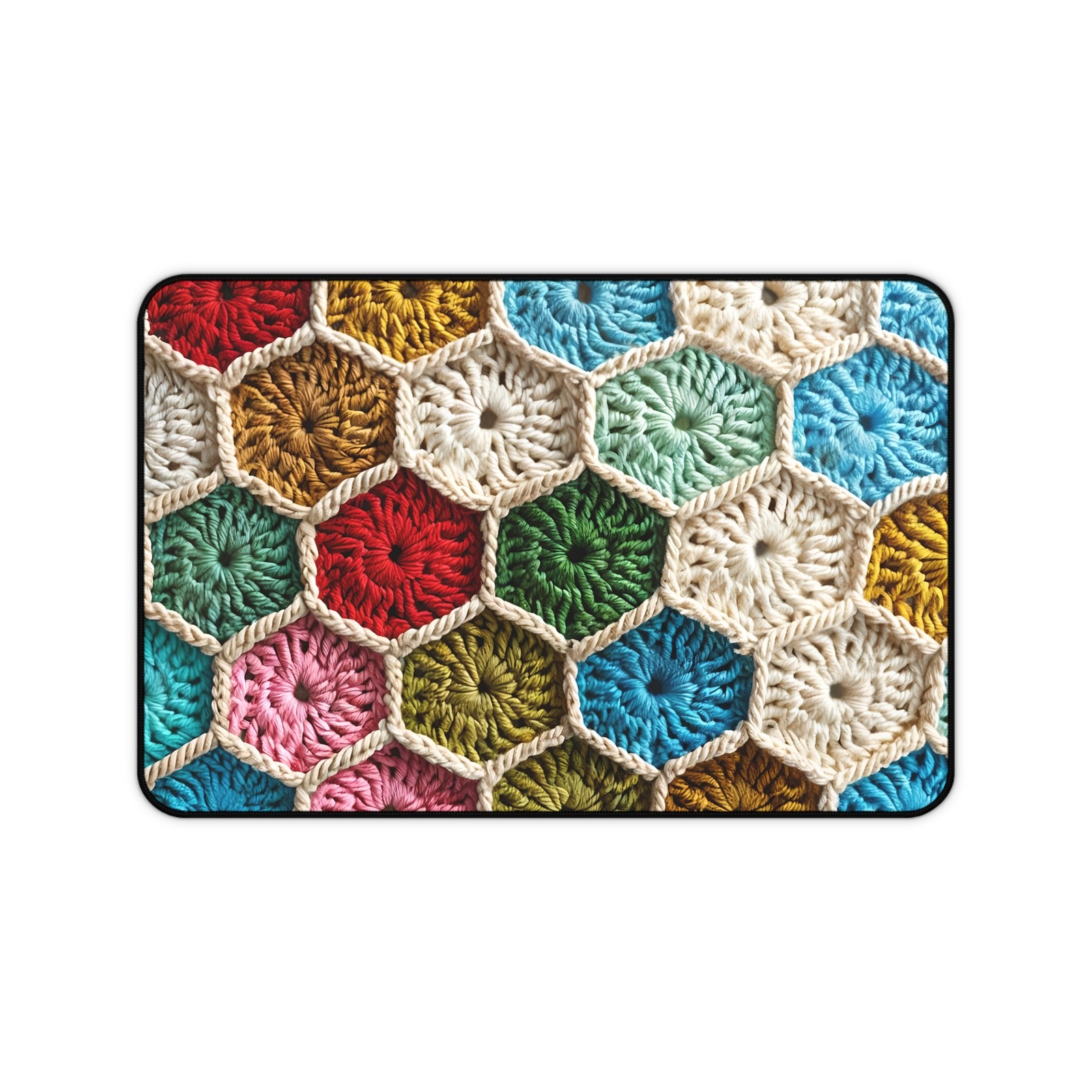 Crochet Hexagon Pattern Desk Mat | Colorful Granny Square Hex Desk Pad