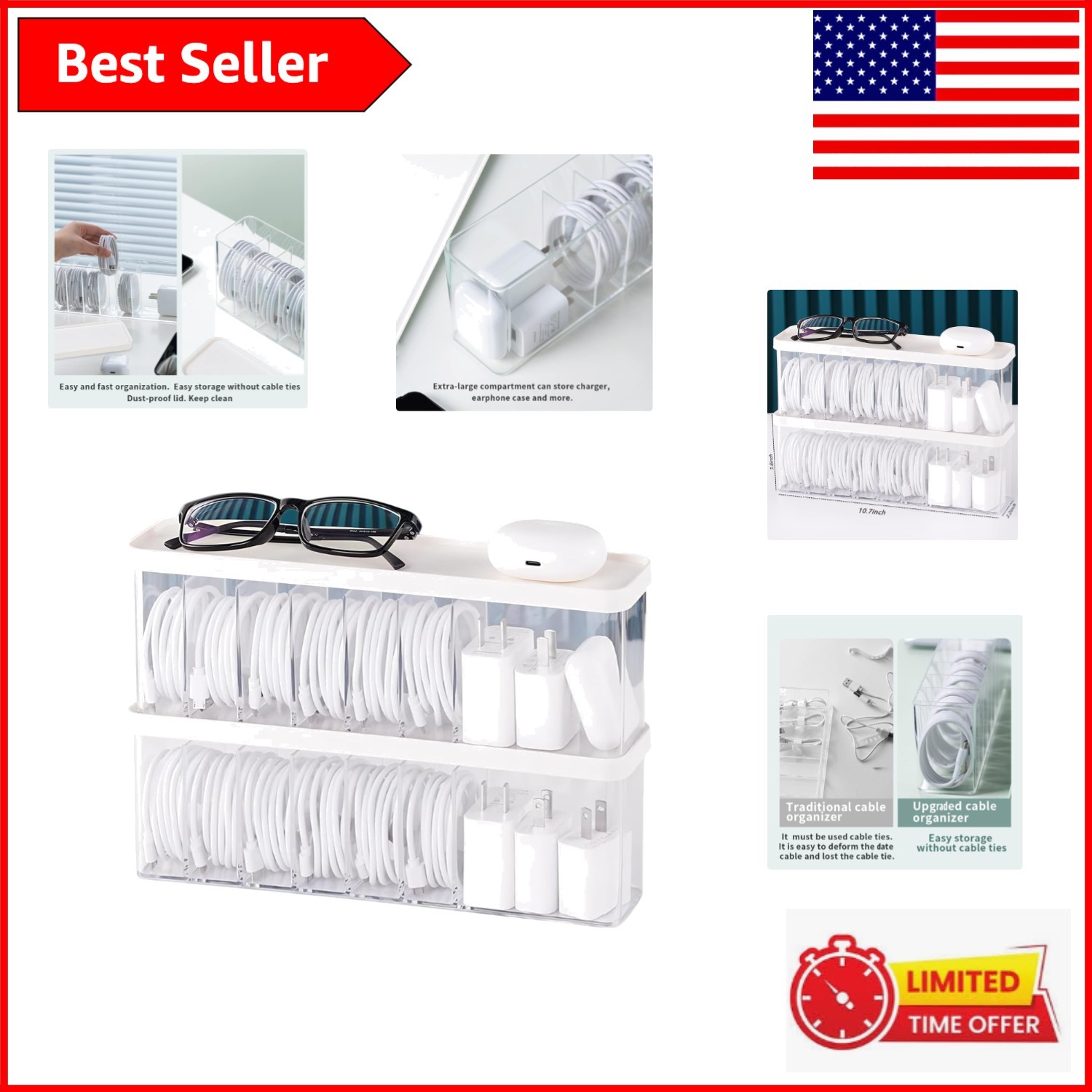 Dust-Proof Clear Cable Storage Box with 7 Compartments - Space Saving Solution