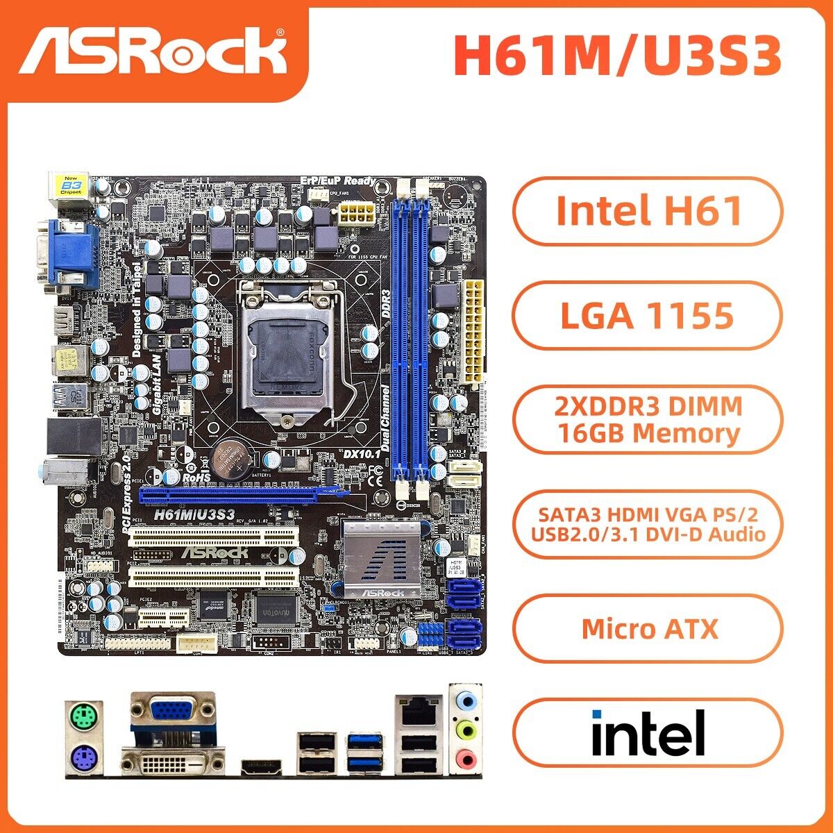 ASRock H61M/U3S3 Motherboard M-ATX Intel H61 LGA1155 DDR3 SATA3 HDMI DVI-D VGA