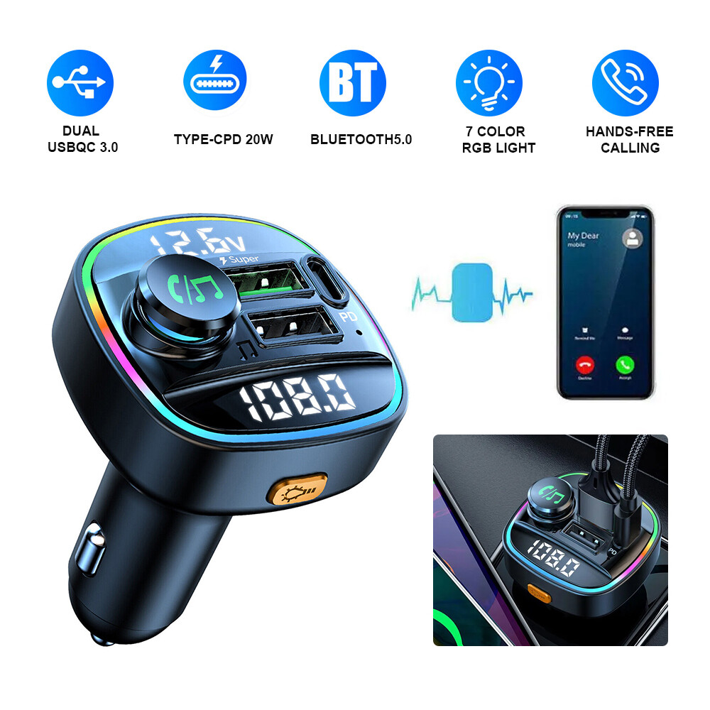 Bluetooth 5.0 Car Wireless FM Transmitter Adapter USB PD Charger AUX HandsFree