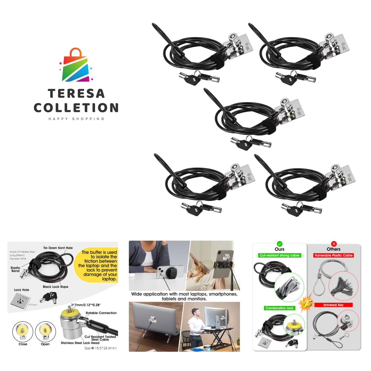 Laptop & Tablet Anti-Theft Lock Set - 5 Pack Security Solution with Anchor Plate