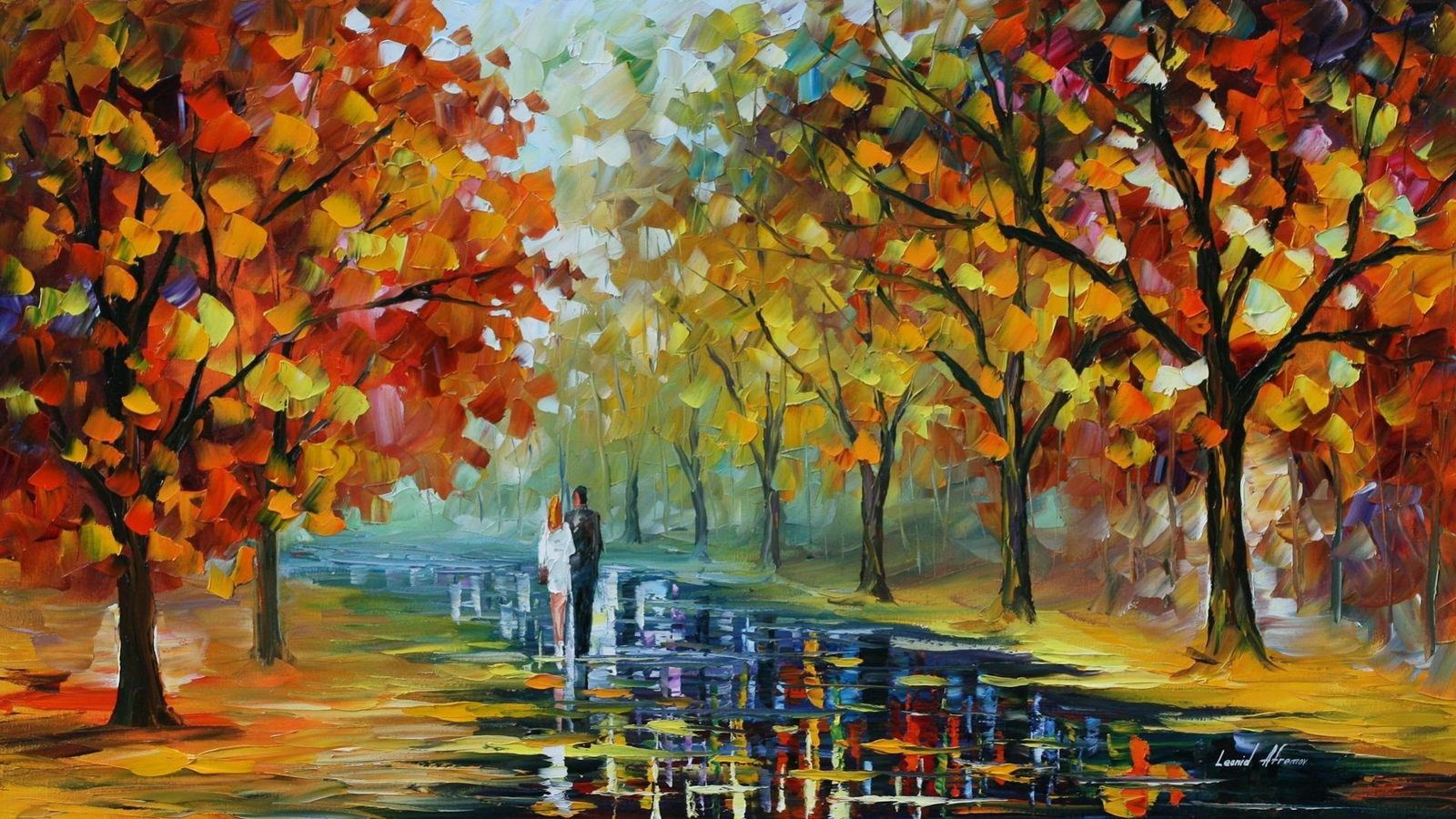 Landscape leonid afremov fall couple park trees path Custom Gaming Mat Desk