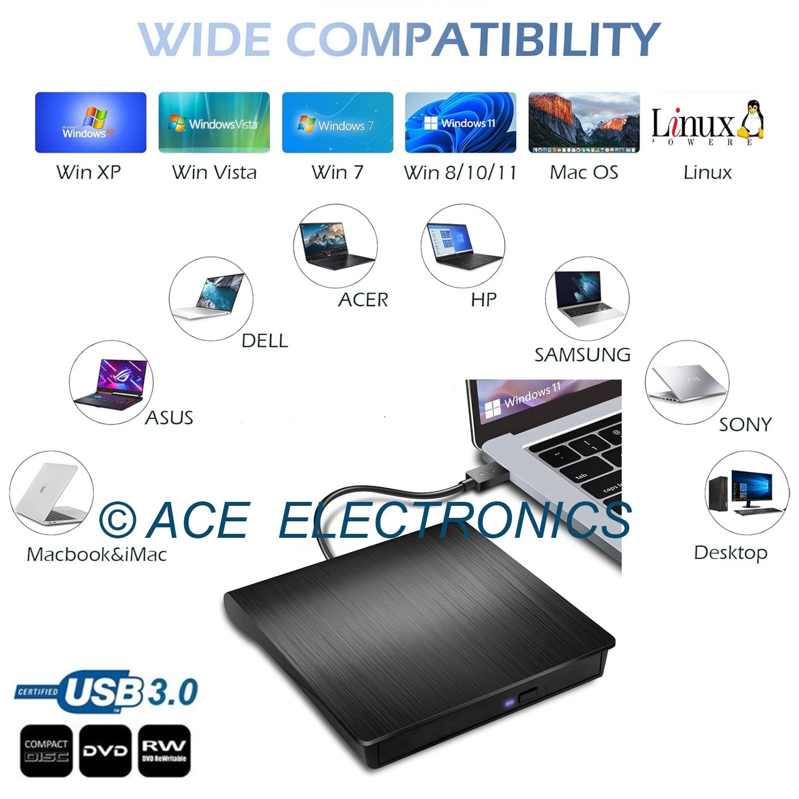 External USB 3.0 CD DVD Writer Player for Asus Dell HP IBM Lenovo Mac/PC Laptop