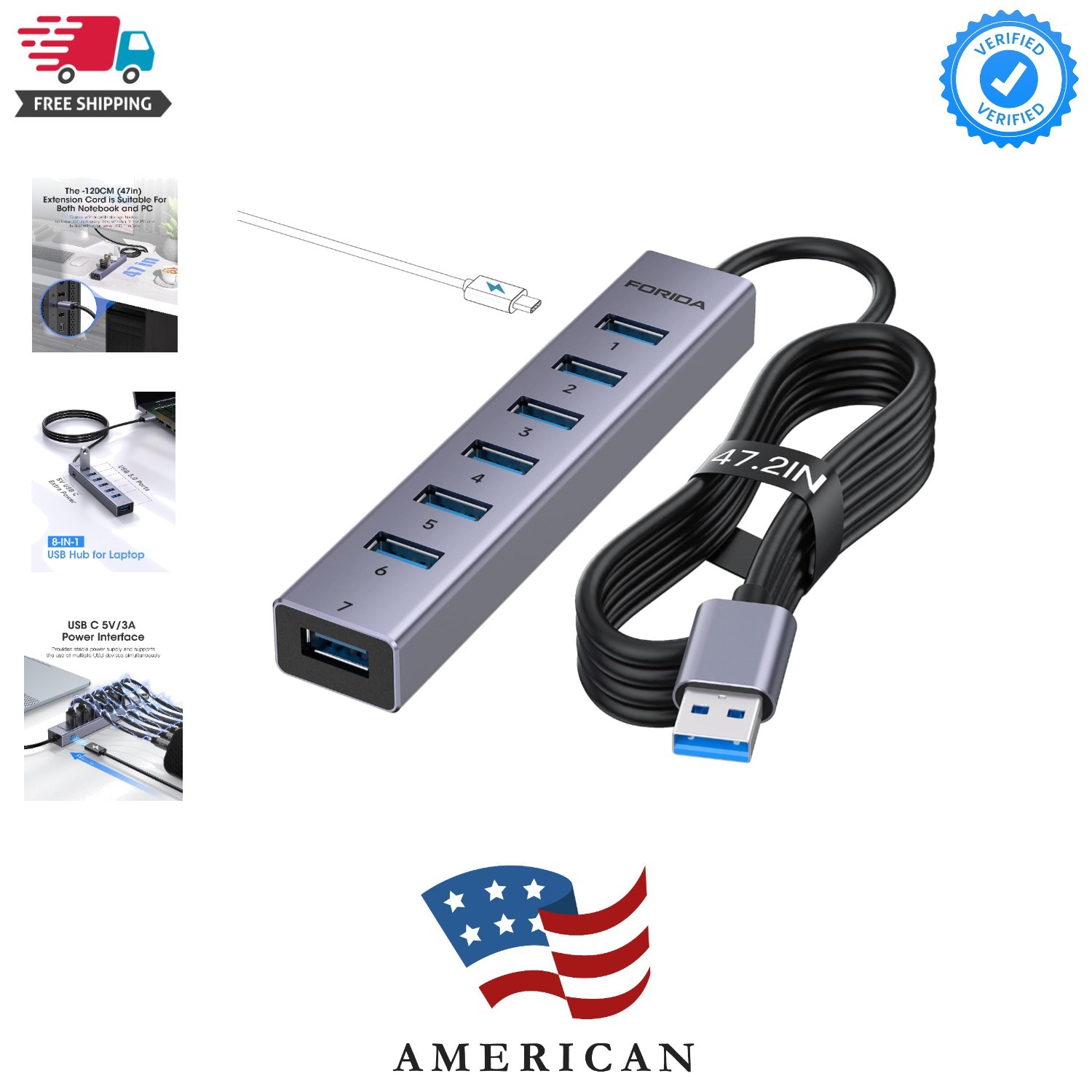 Aluminum 8-Port USB Hub Long Cable USB Splitter with 7 USB 3.0 Ports