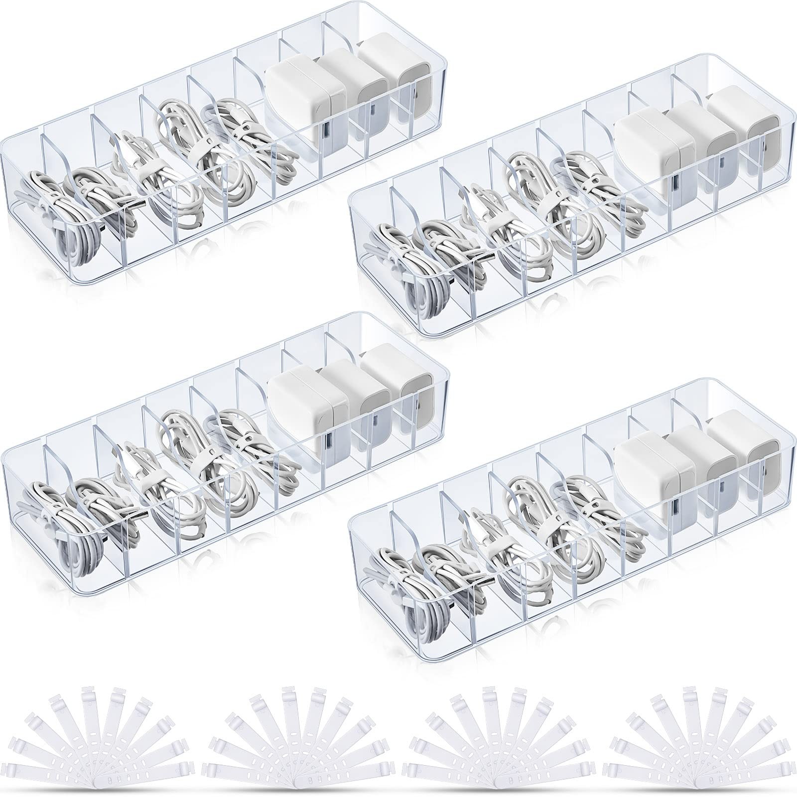 Tatuo 4 Pcs Cable Organizer with 40 Wire Ties, Plastic Cord Storage Charger Box