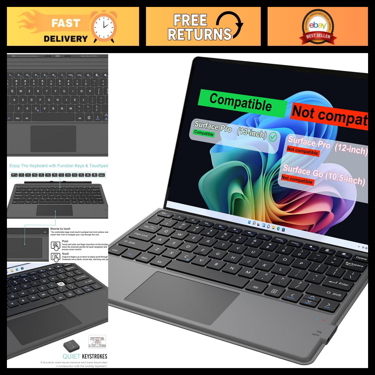 Ultra-Slim Bluetooth Keyboard Cover for Surface Pro 13" - Portable, Rechargeable
