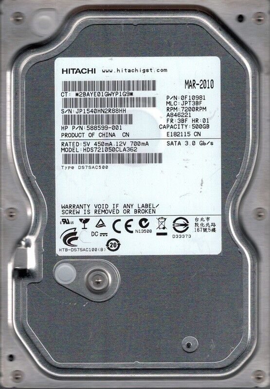 HDS721050CLA362 MLC: JPT3BF P/N: 0F10981 Hitachi 500GB
