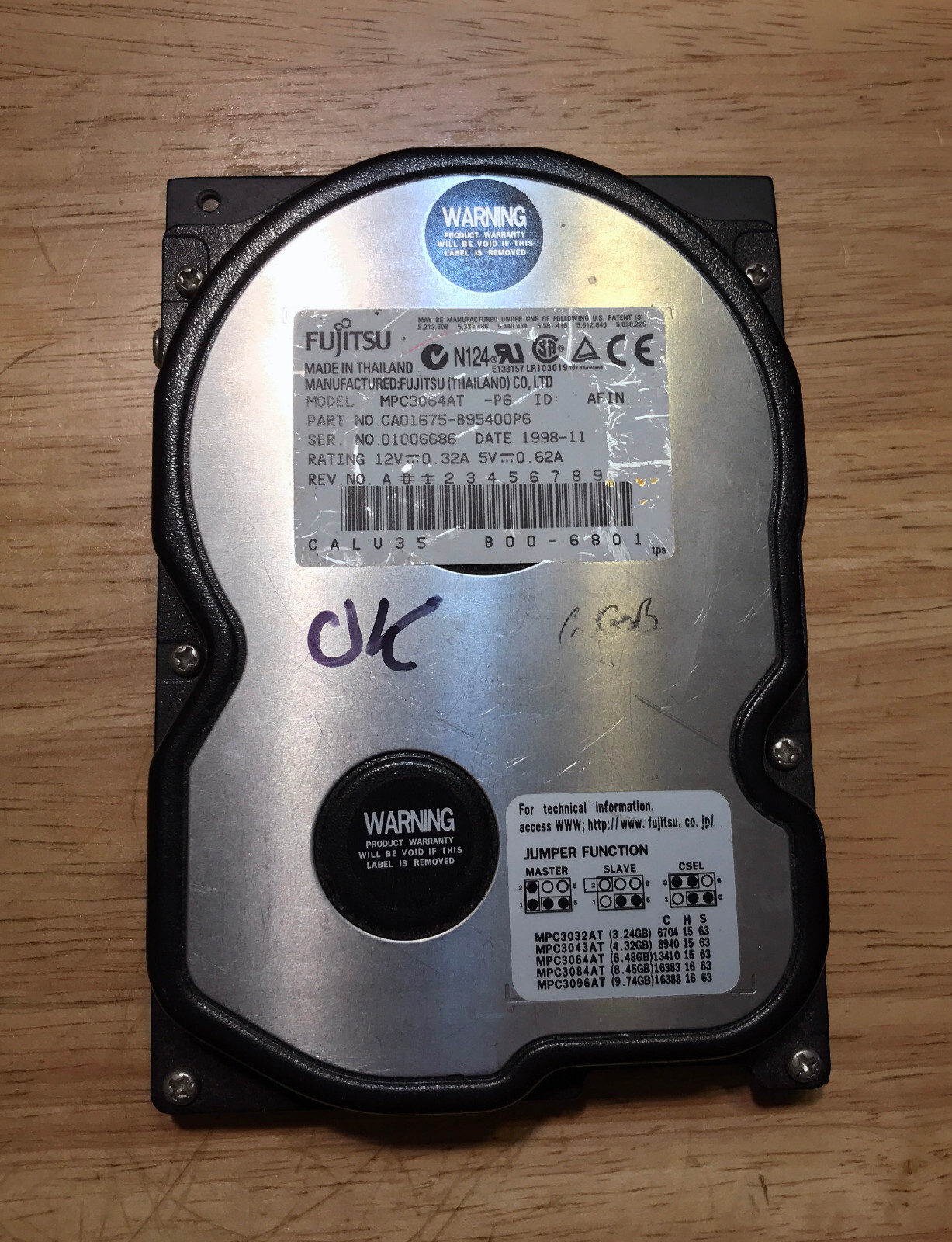 FUJITSU MODEL MPC3064AT 3.5"IDE INTERNAL HARD DRIVE 6.4GB