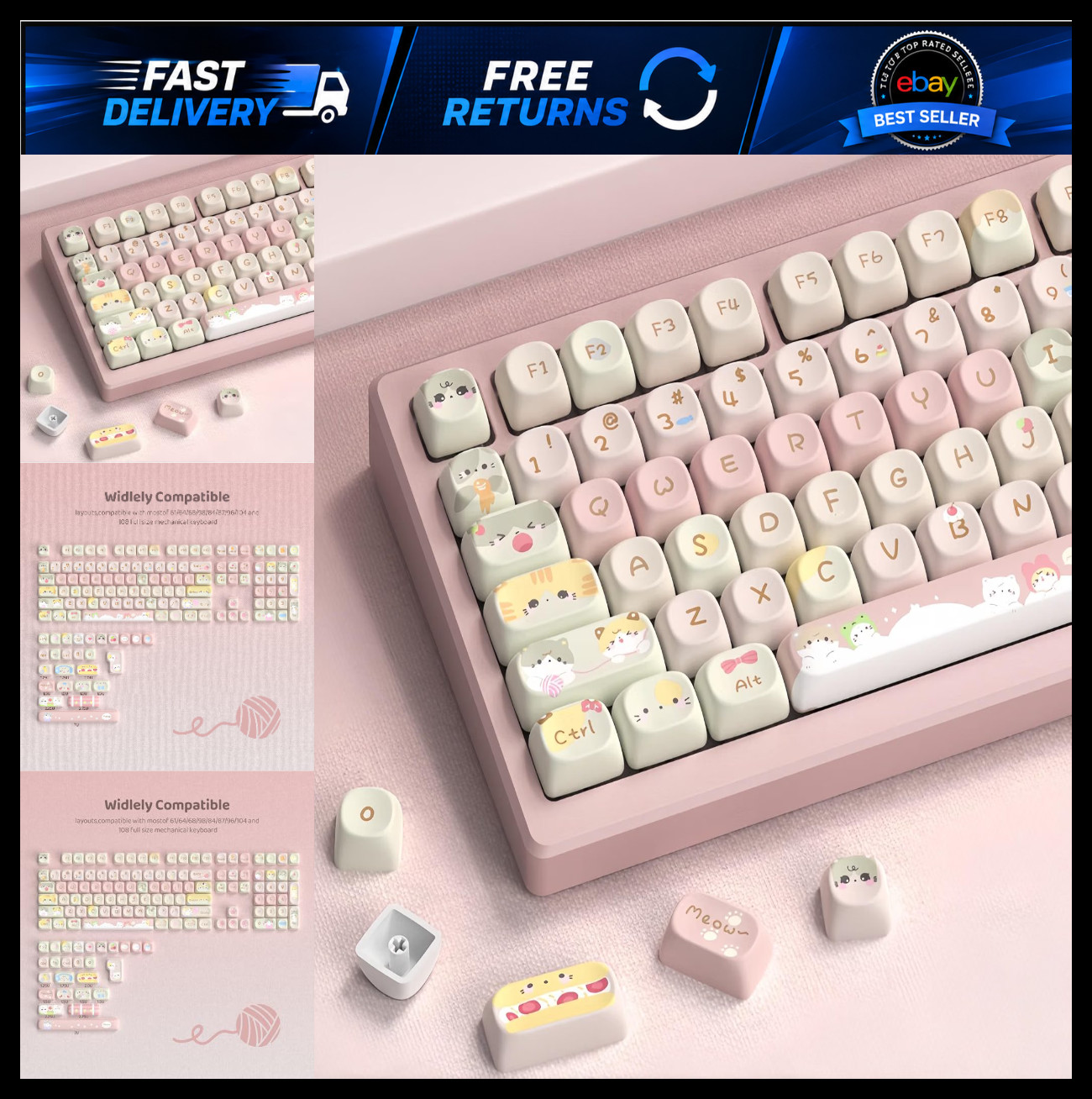 Cute Pink Meow PBT Keycaps for Mechanical Keyboard - Adorable Cat Design
