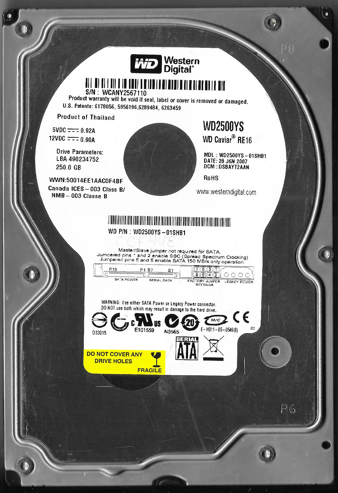 WESTERN DIGITAL WD2500YS-01SHB1 250GB SATA HARD DRIVE DCM: DSBAYT2AAN
