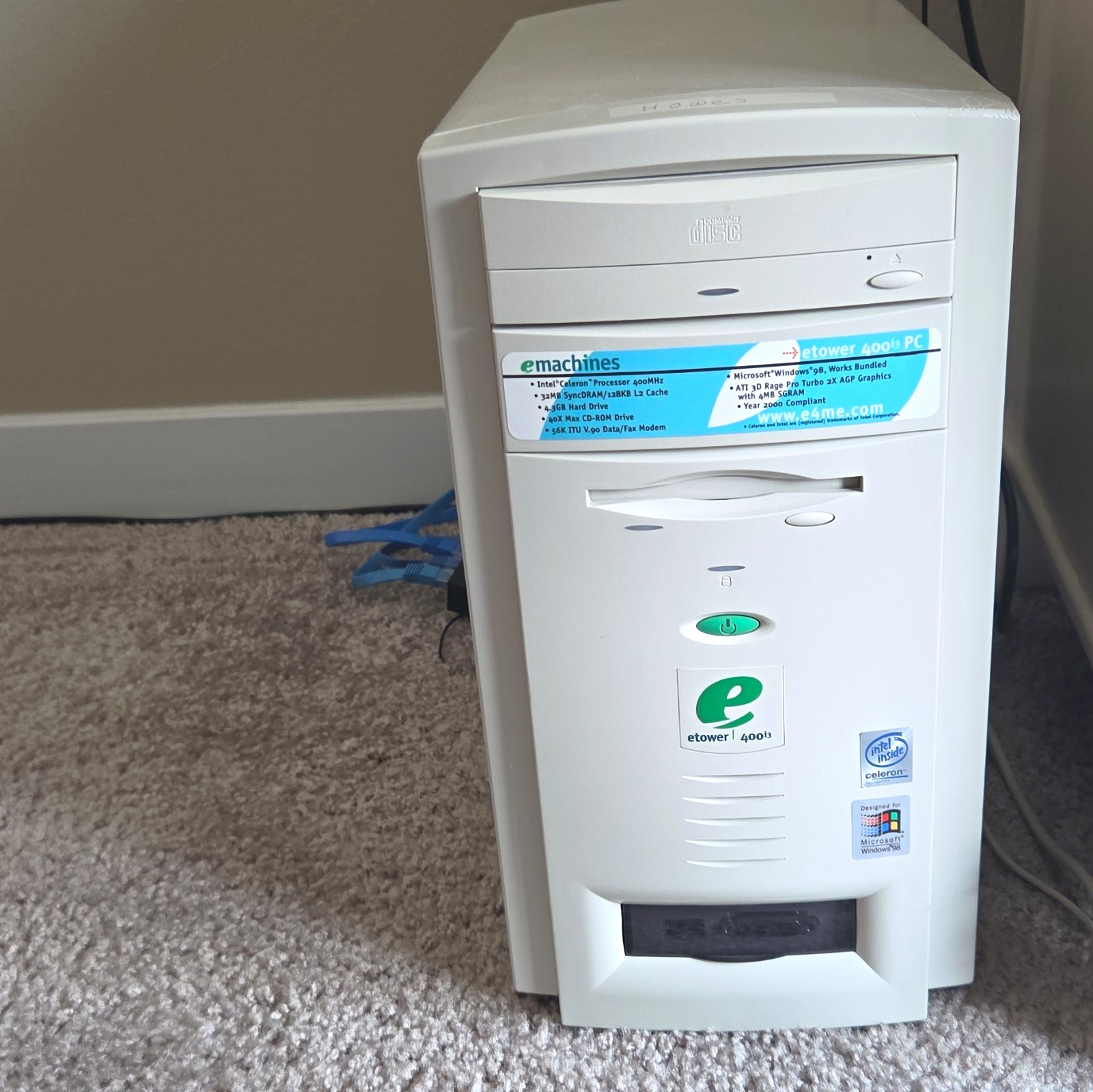 eMachines eTower 400is PC Celeron 400MHz 256MB Ram 6gb Hard Drive Win98 KB/Mouse
