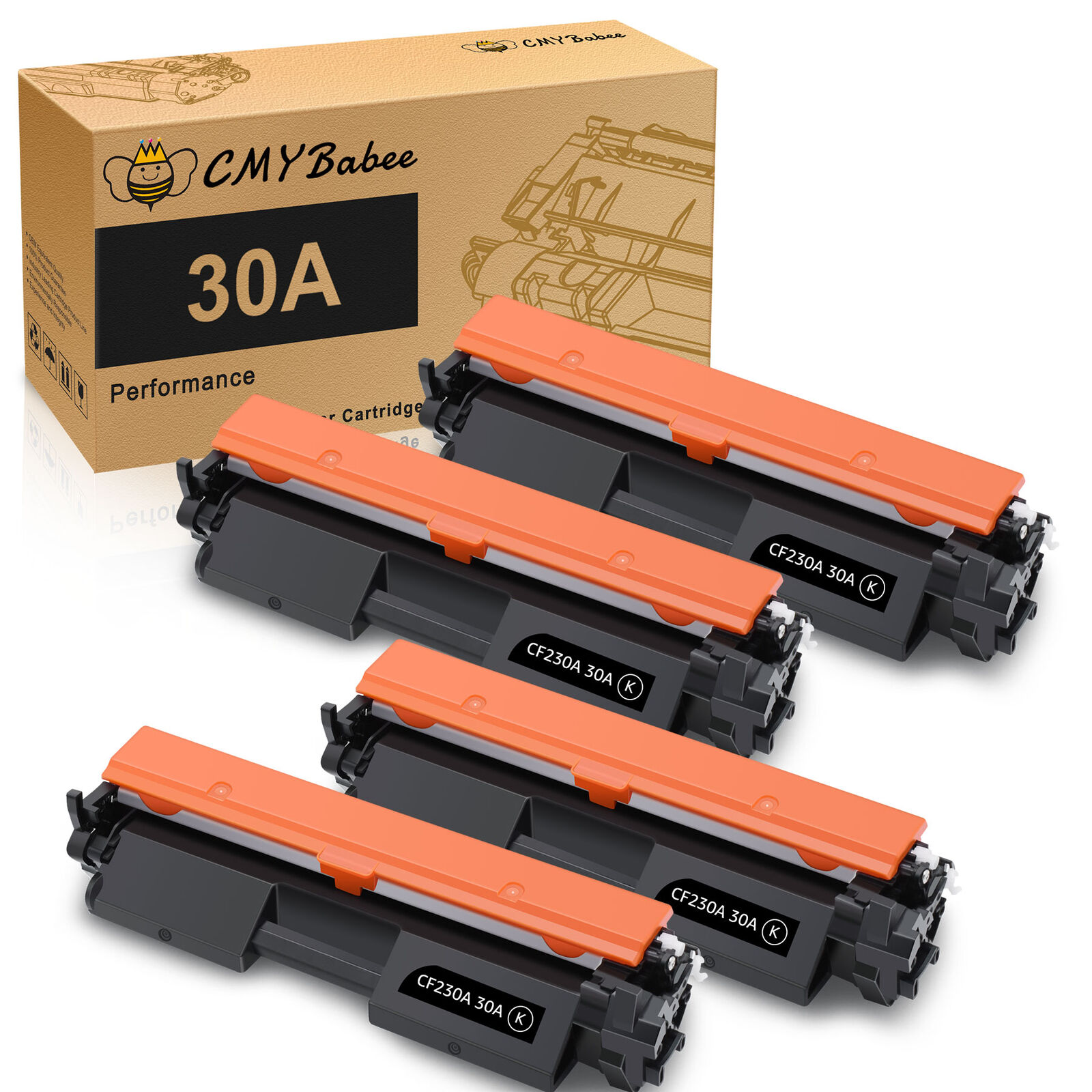 4-Pack CF230A 30A Black Toner replacement for HP LaserJet MFP M227fdn M227sdn