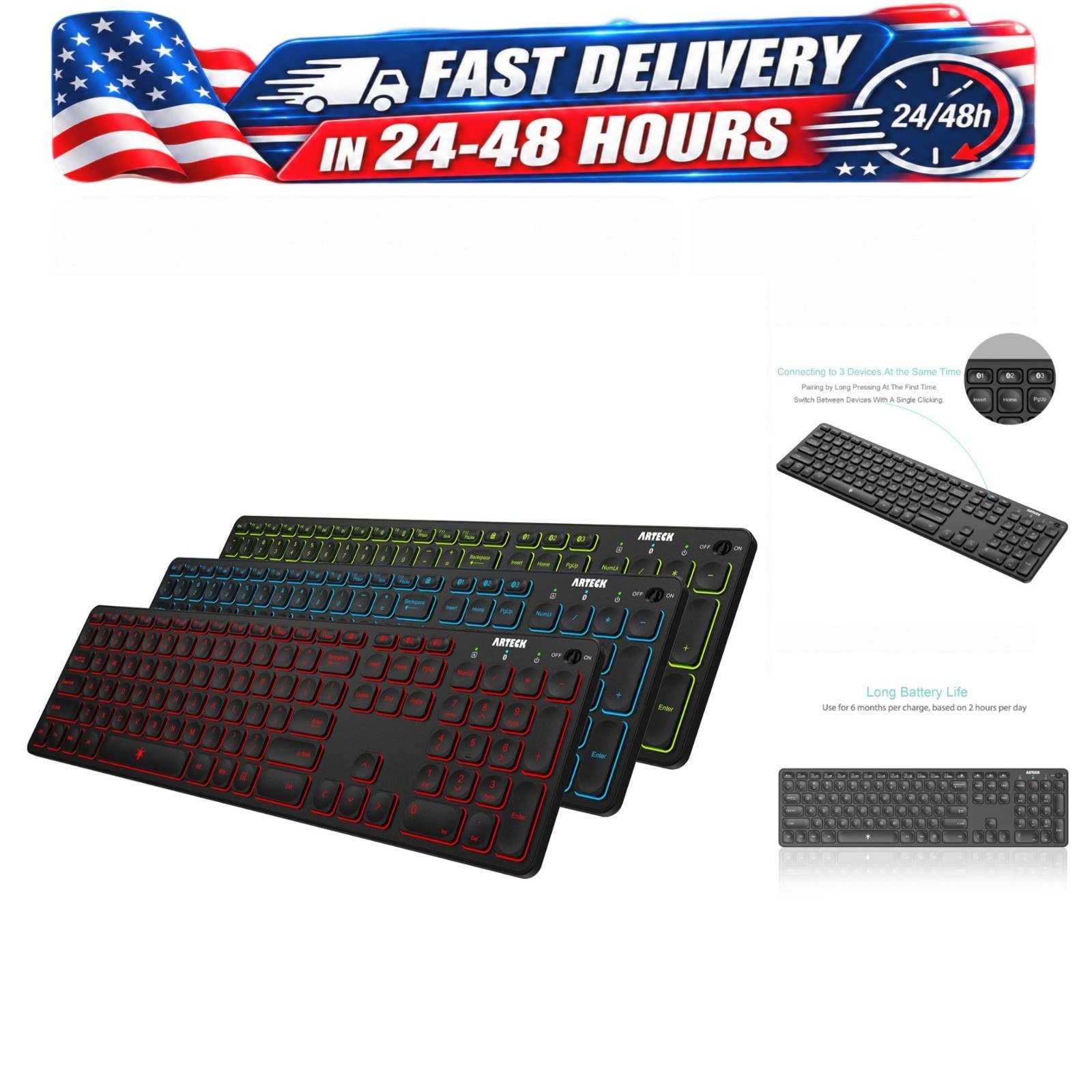Arteck Wireless Bluetooth Keyboard Backlit Multi-Device Full Size for Windows
