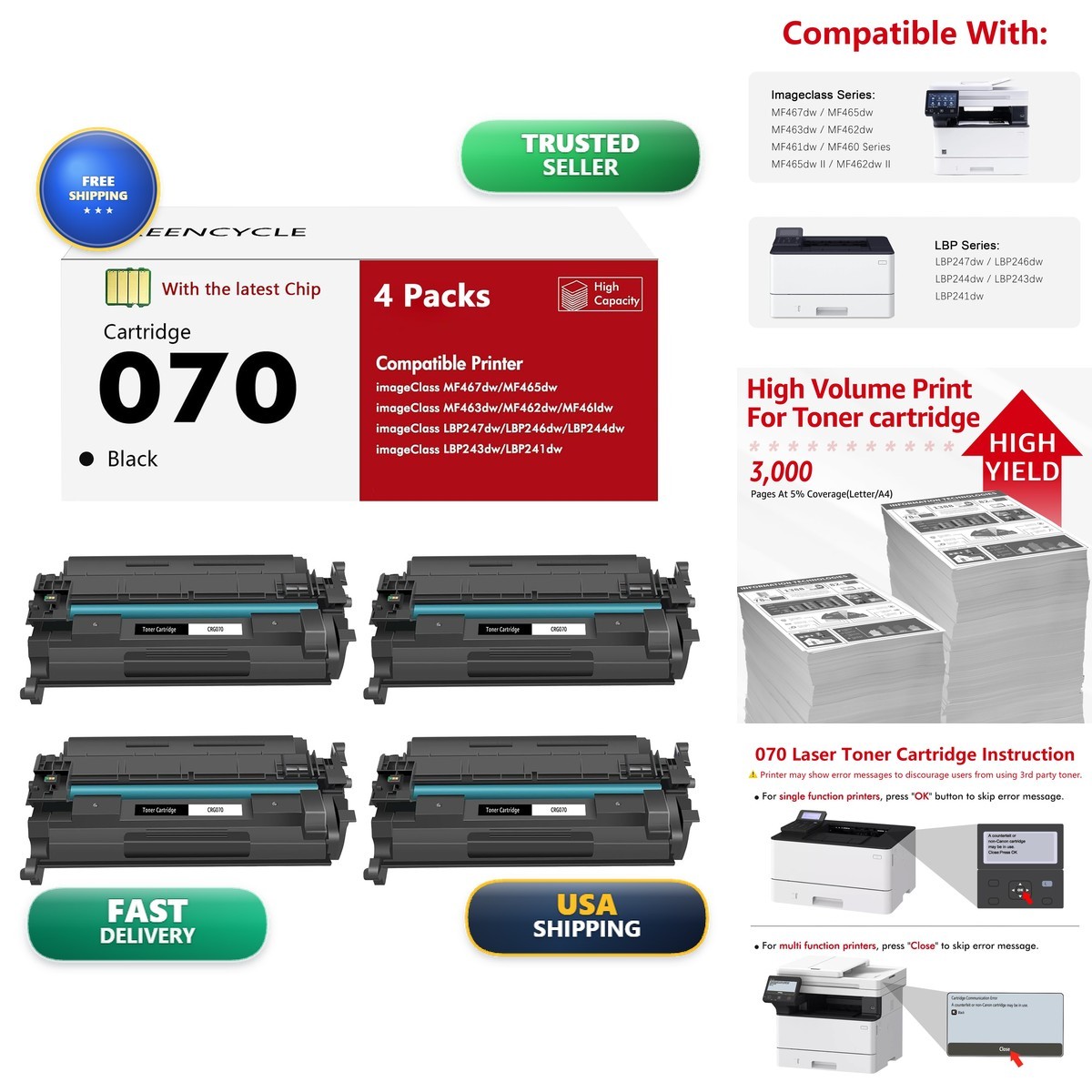 CRG070 Black Toner Cartridge Compatible for Canon MF465dw 4 Pack