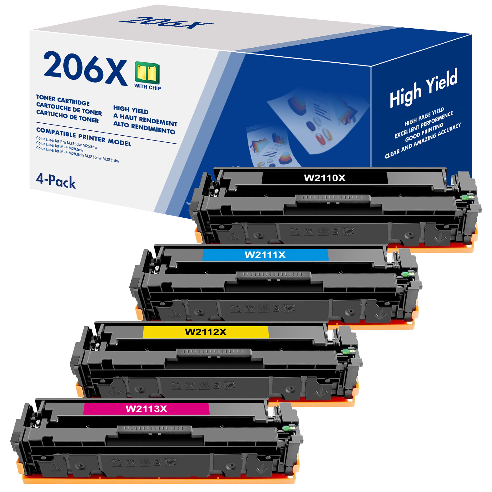4PCS 206X W2110X Toner With Chip Fit For HP LaserJet MFP M282nw M283fdw M283cdw