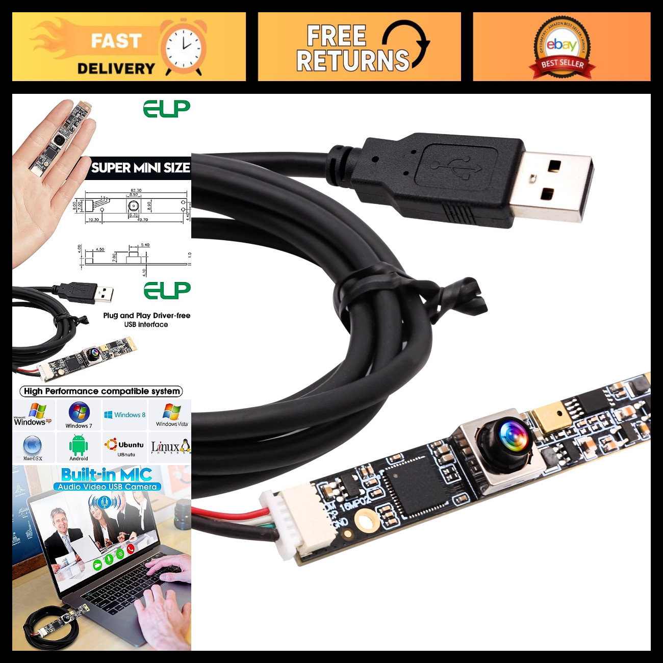 16MP Autofocus USB Camera with Microphone for PC, Mini UVC Webcam, 100° Lens