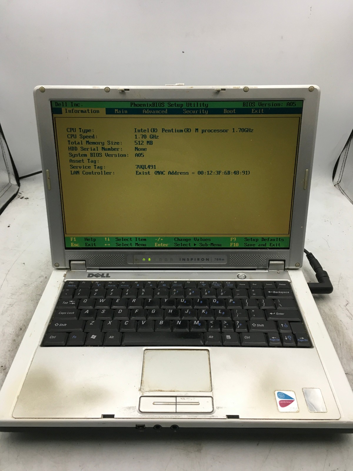 DELL INSPIRON 700M - BOOTS TO BIOS - INTEL PENTIUM M - 512MB - 12" -READ DESC-BB
