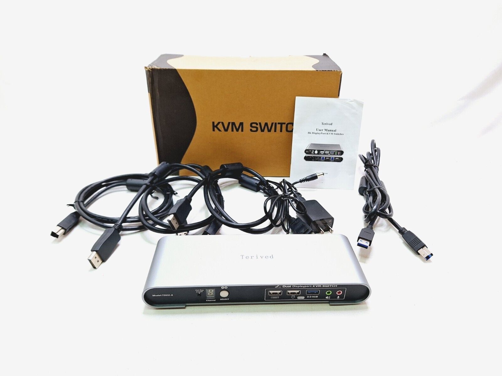 Terived 2 Port DP USB 3.0 Automatic KVM Switch Dual Monitor 4K@144Hz Two Comp.