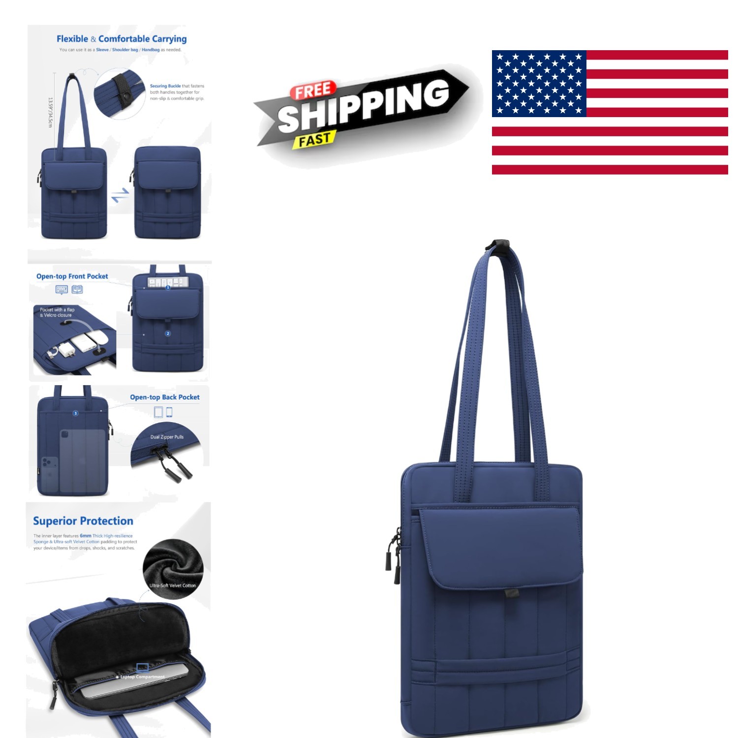 Puffy Laptop Sleeve for 15 16 Inch Laptops Navy Blue Water Resistant Material