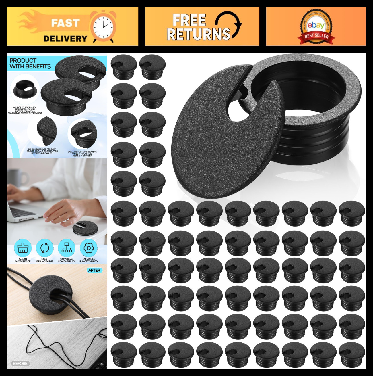 100 Pack 2" Desk Grommets for Cable Management, Cord Hole Cover Organizers - Bla