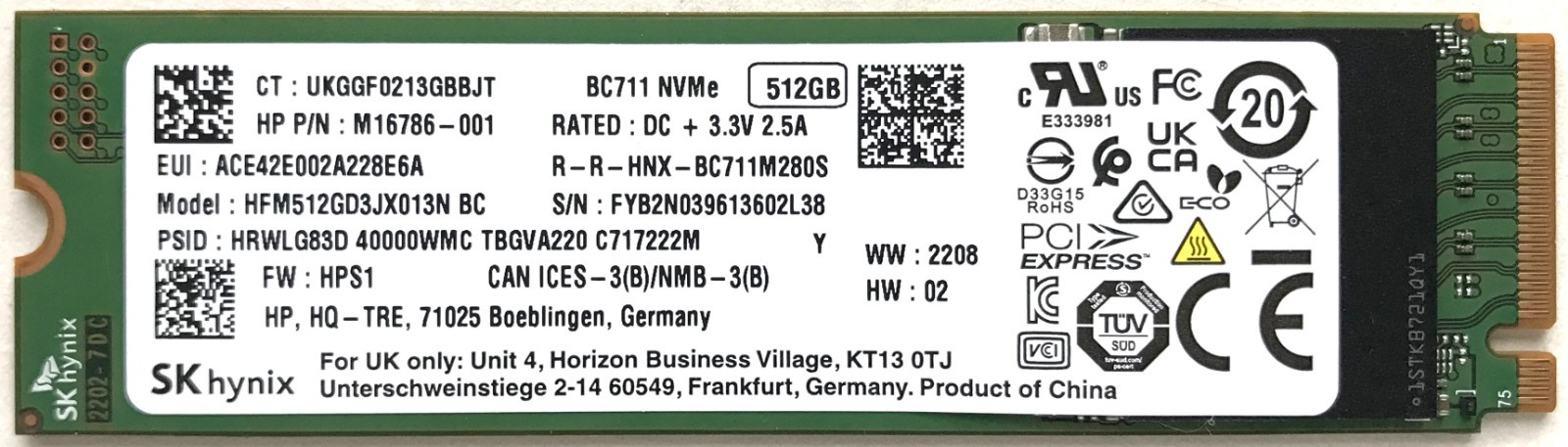SK hynix 512GB BC711 NVMe PCIe Gen3x4 SSD HFM512GD3JX013N BC  HP P/N: M16786-001
