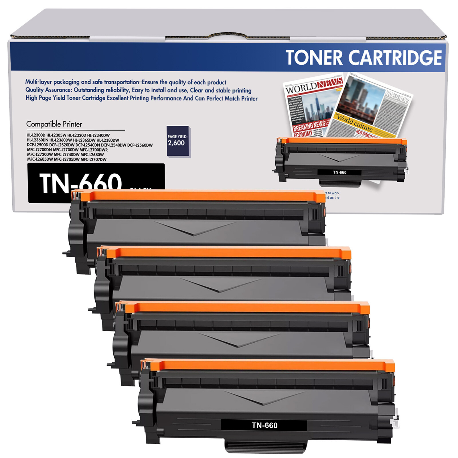 4x TN660 Toner Compatible With Brother MFC-L2700DW MFC-L2300D HL-L2380DW TN-660