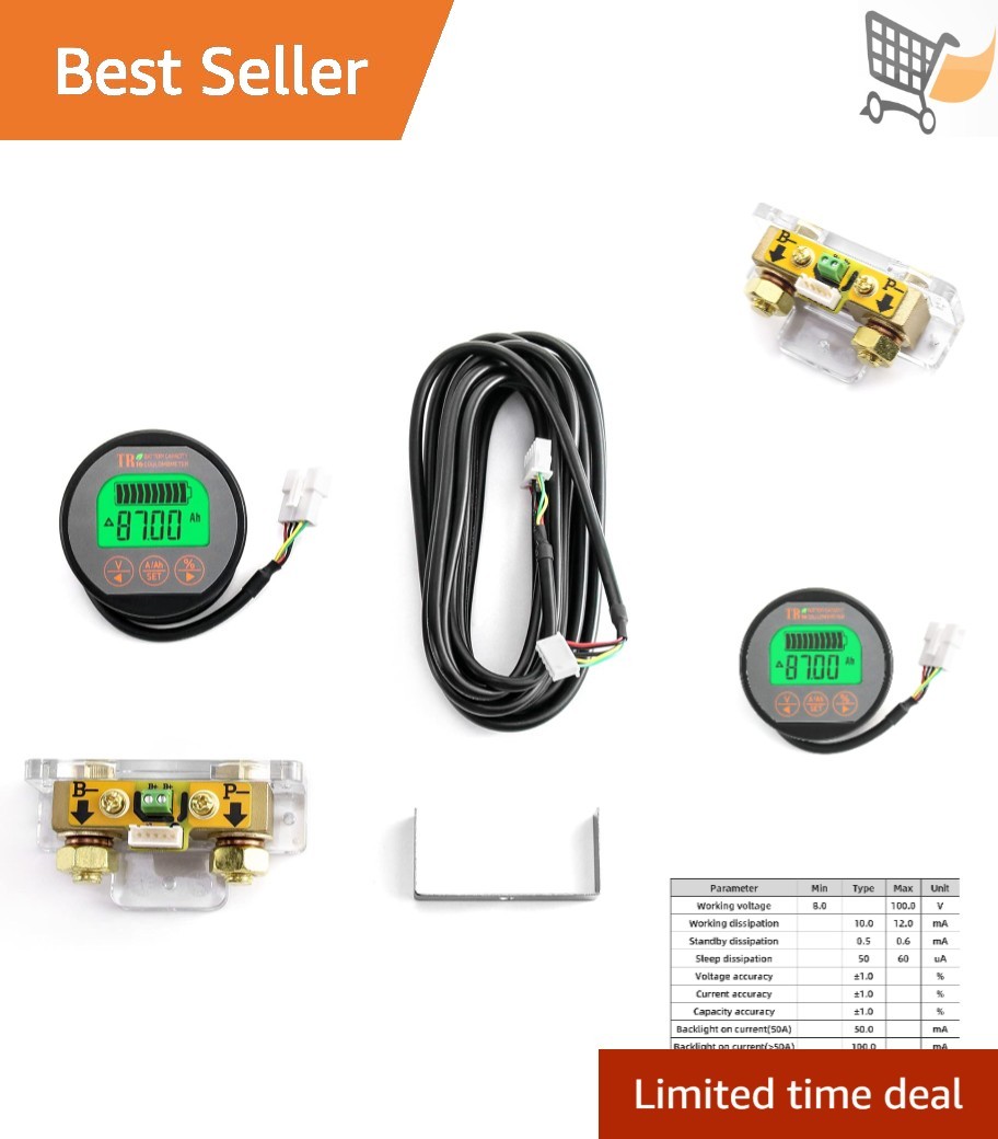 Battery Monitor Voltmeter Ammeter 8-80V 0-500A Custom Cable for Batteries