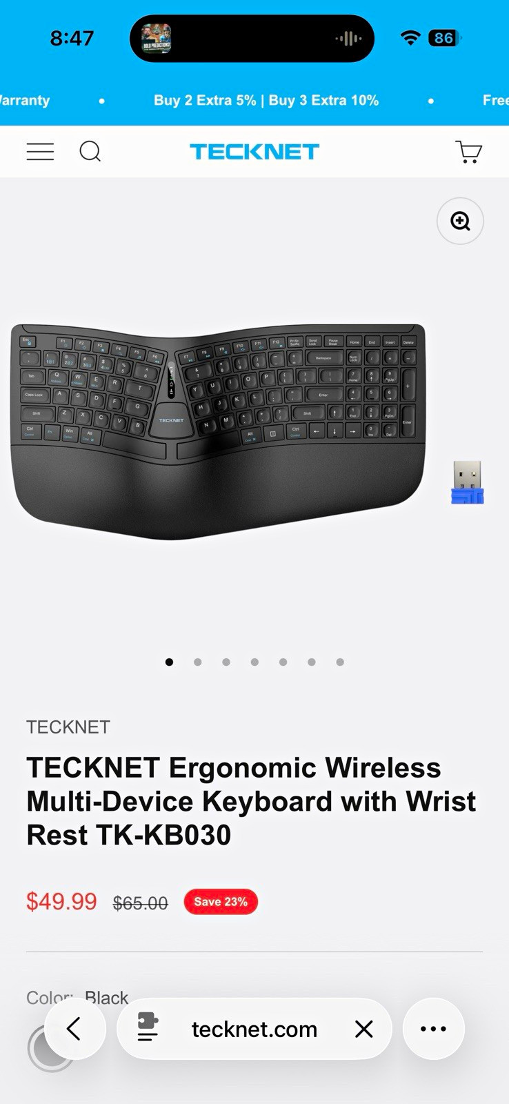TECKNET Ergonomic Wireless Bluetooth Multi-Device Keyboard Wrist Rest TK-KB030