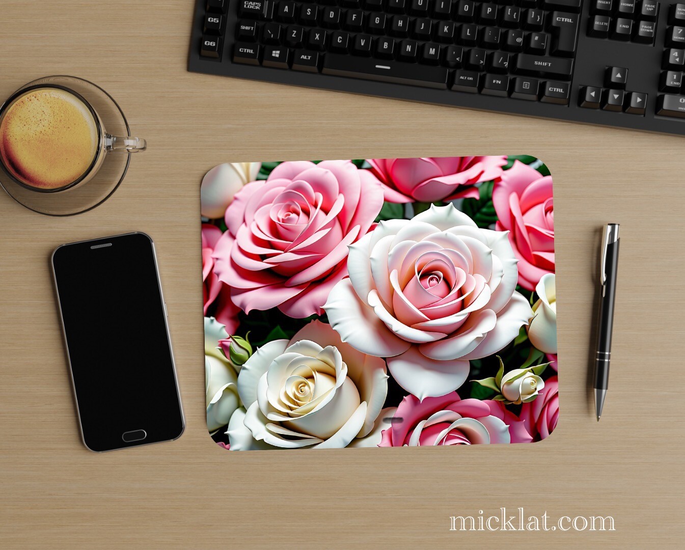 Mouse Pad  003 "Roses" - White/Pink/Green - MICKLAT Computer Gift Flowers