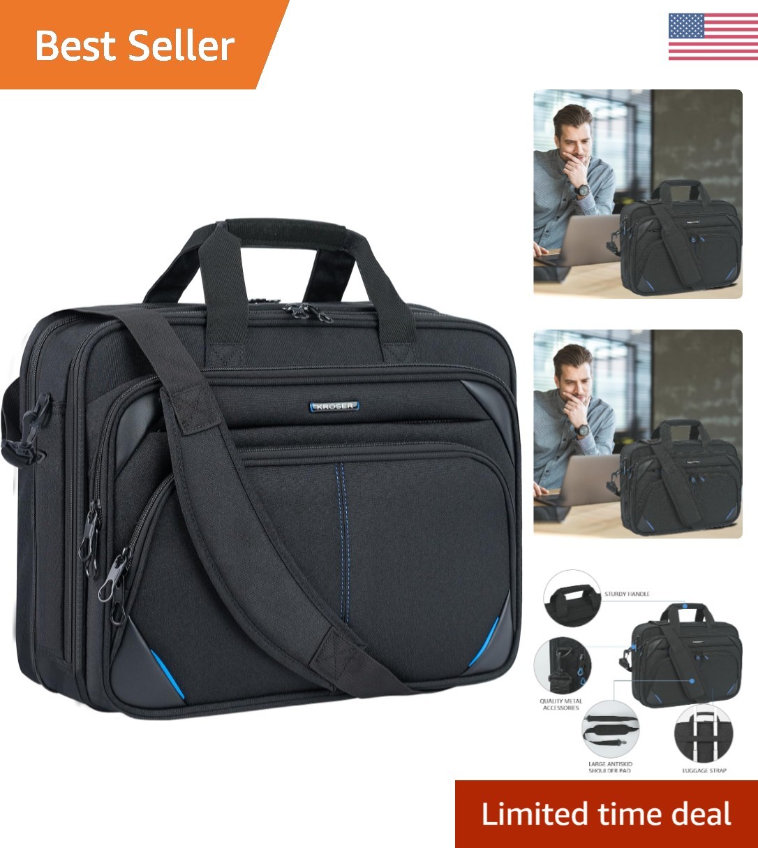 15.6-Inch Briefcase Laptop Bag with Spacious Compartments & Detachable Strap