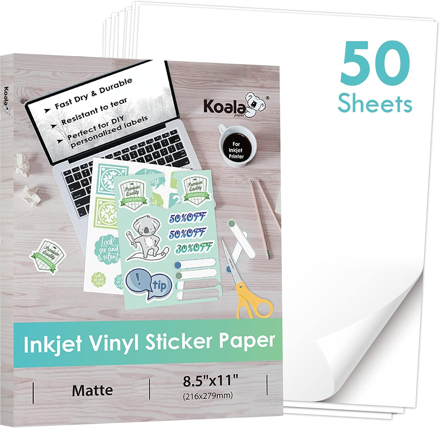 Printable Matte Vinyl Sticker Paper 50 Sheets 8.5X11 Inch for Inkjet Printers