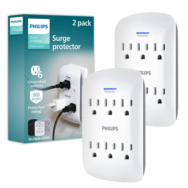 Philips 6-Outlet Extender Surge Protector 2 Pack Wall Tap 900 Joules 3-Prong
