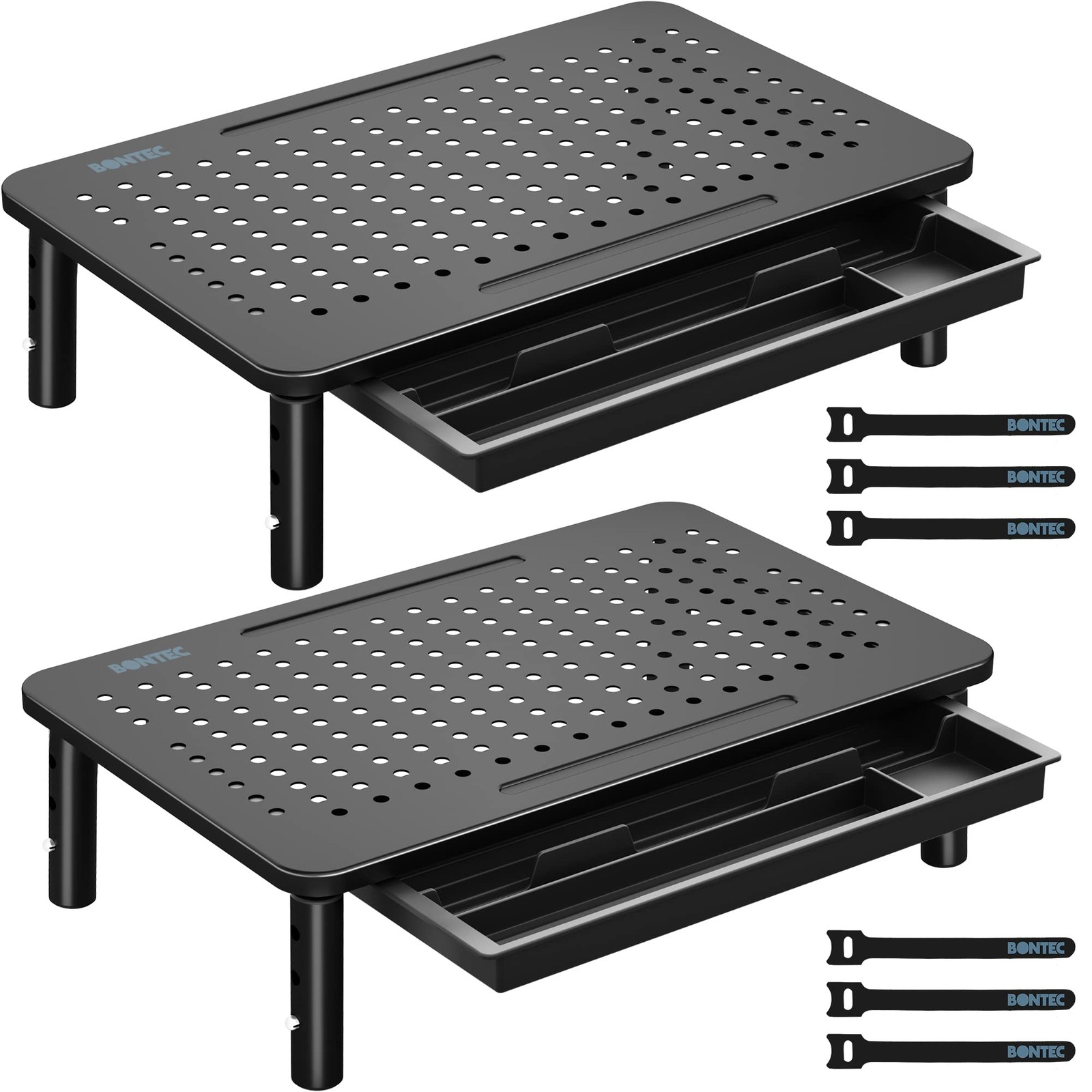 BONTEC 2 Pack Adjustable Monitor Stand Riser with Drawer, Ergonomic 2P, Black