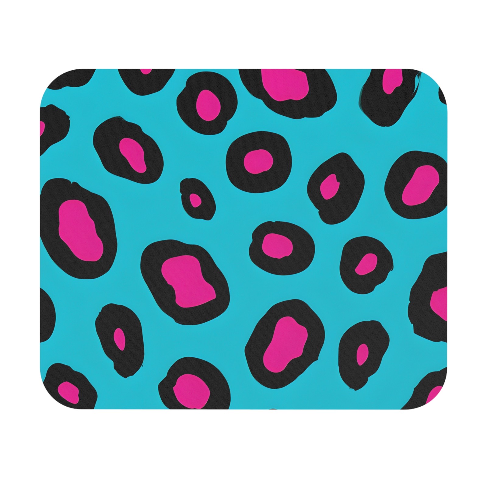 Neon Leopard Print Mouse Pad | Blue Teal Background, Pink Spots