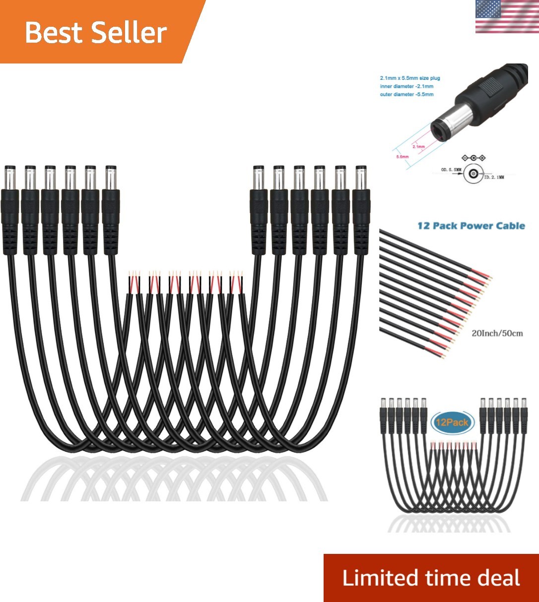 Convenient 12-Pack DC Power Pigtail Cables 20-Inch for Easy Device Connections