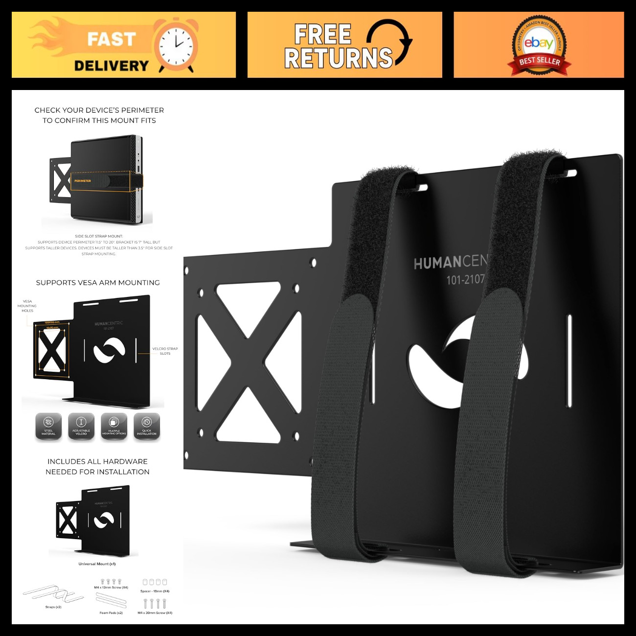 Universal Small Device Mount for VESA Arms - Adjustable Strap, Compatible with T
