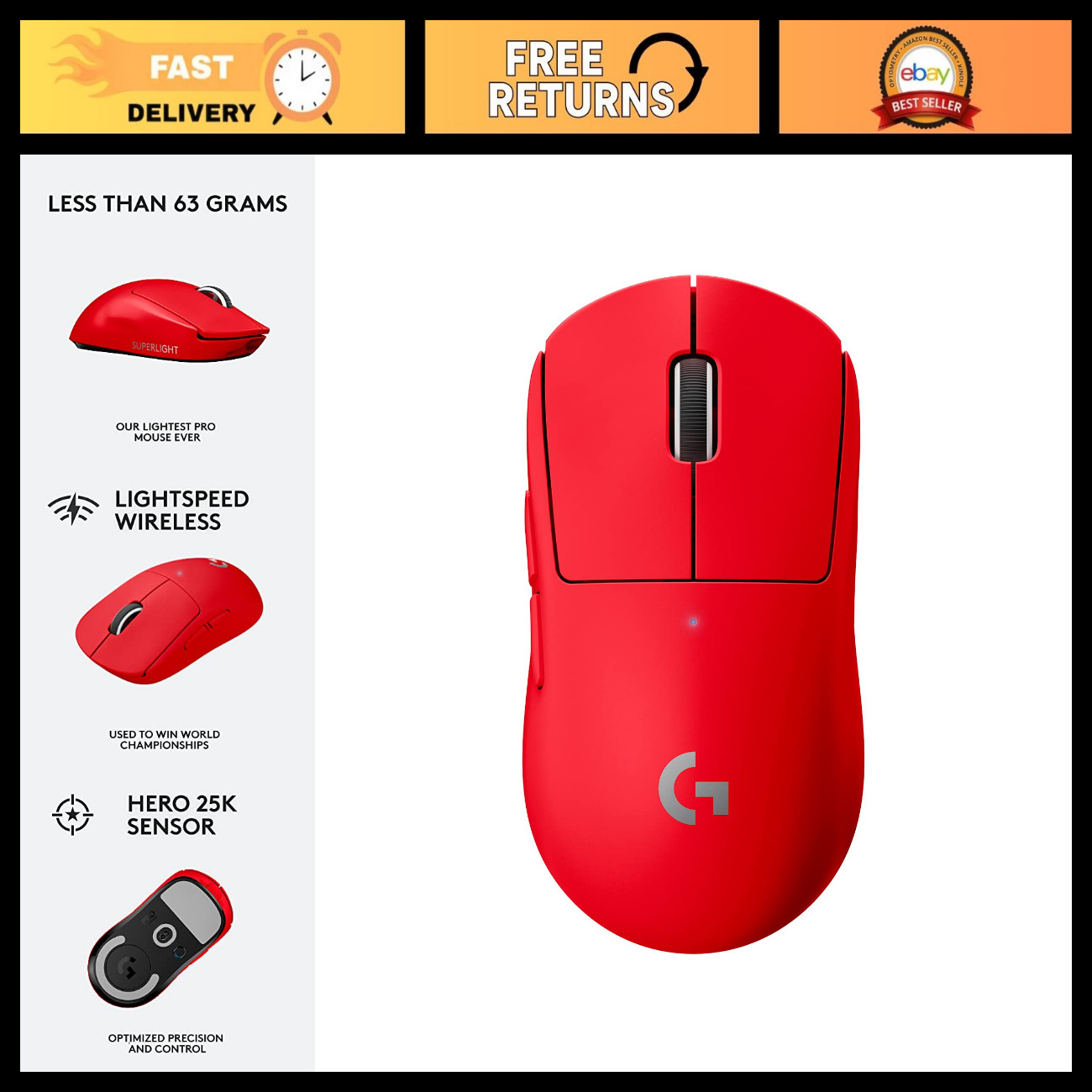 Ultra-Lightweight Wireless Gaming Mouse, Hero 25K Sensor, 25,600 DPI, 5 Buttons,