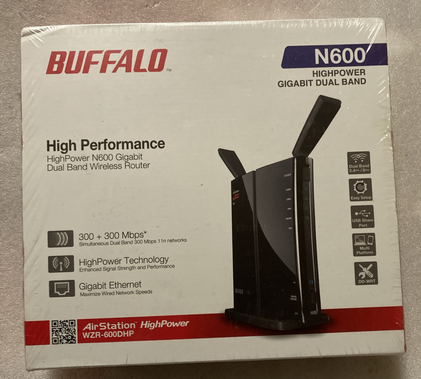 Buffalo Technology WZR-600DHP 600 Mbps 4-Port Gigabit Wireless Router BRAND NEW