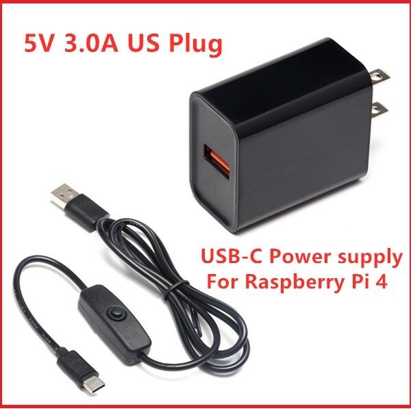 Raspberry Pi 4 Power Supply Adapter ON/OFF Switch USB-C 5V 3.0A US Plug
