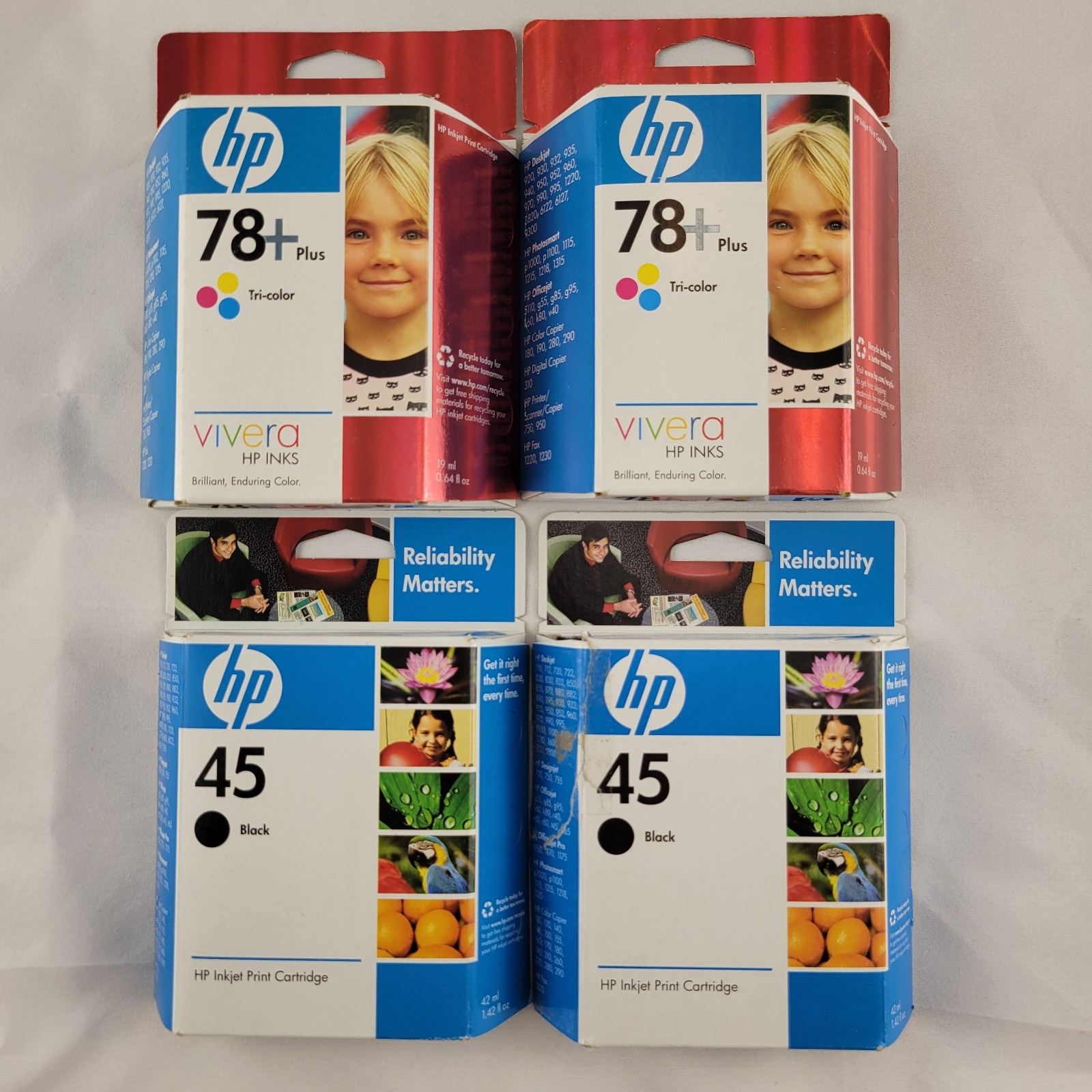 4 Genuine HP 45 Black (2) & 78+ Tri Color (2) Ink Cartridges New