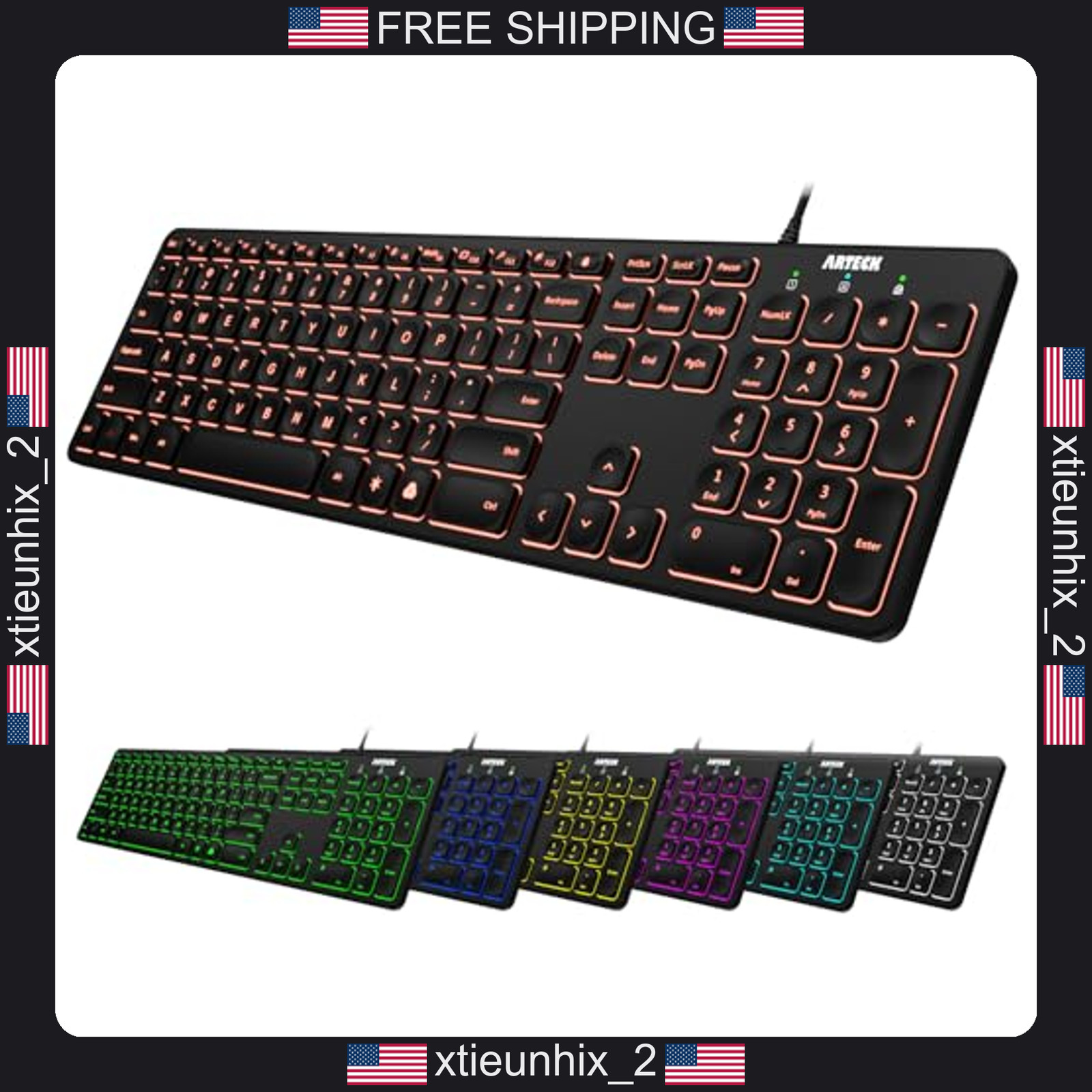 Wired Full Size Keyboard with Backlit LED Colors for PC and Laptop