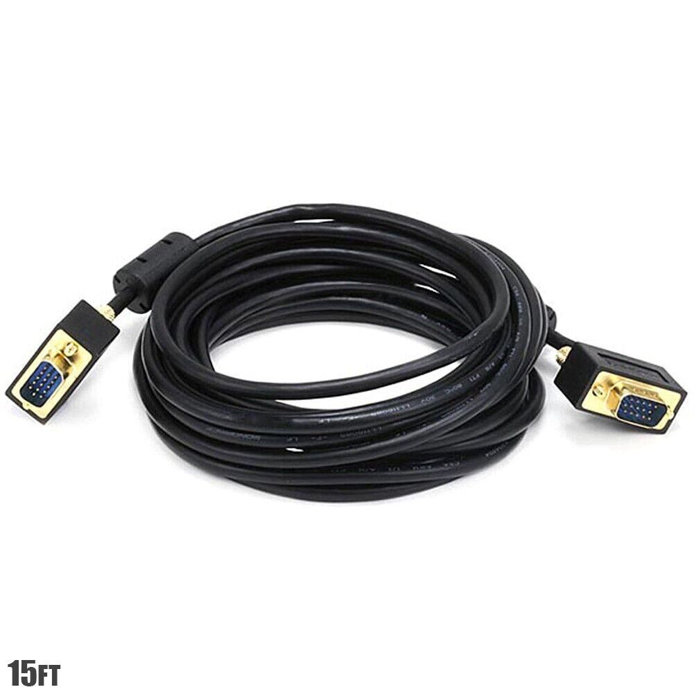 15FT Ultra Slim SVGA Super VGA DB15 Male to Male Monitor Cable Ferrites 30/32AWG