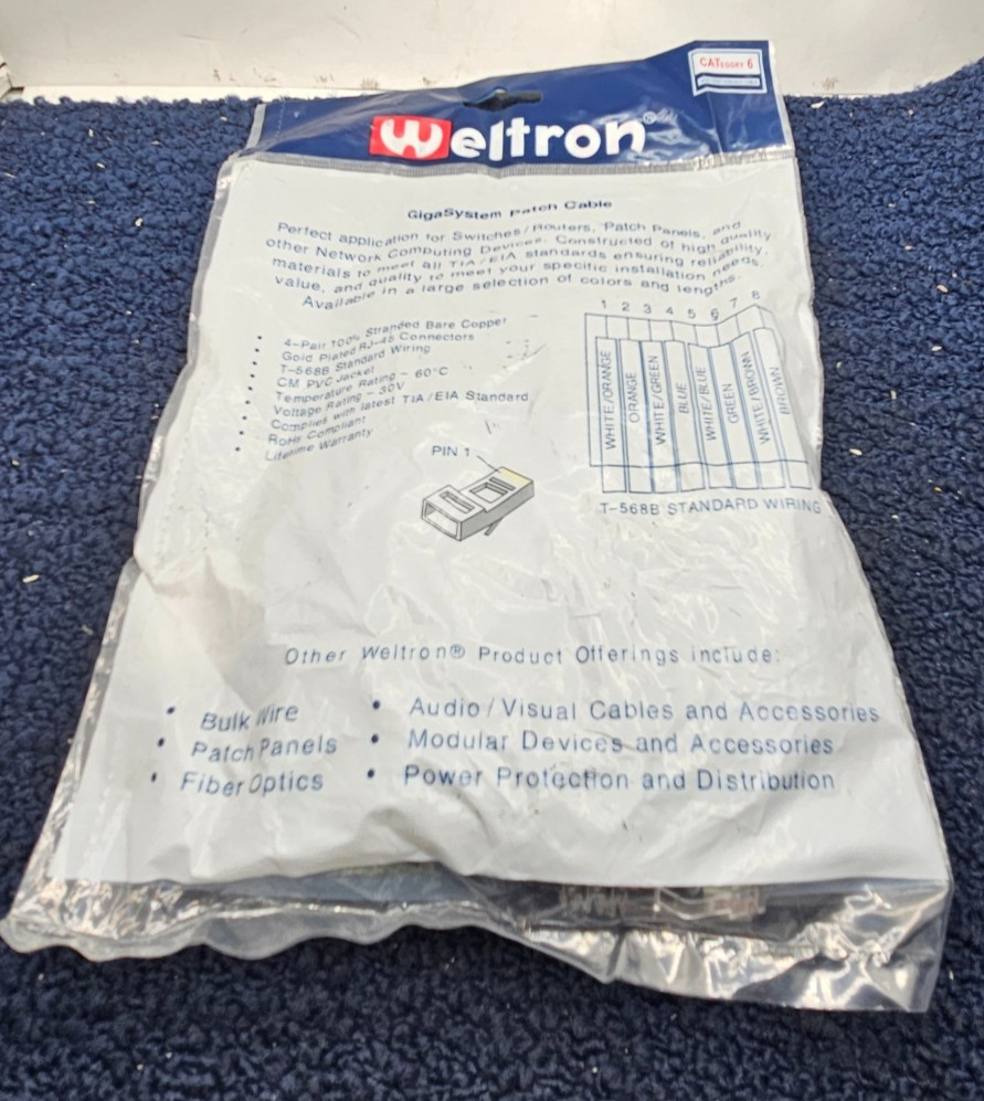Weltron 90-C6CB-BK-015: Cat6 UTP Patch Network Cable 15' RJ-45 Male Connector